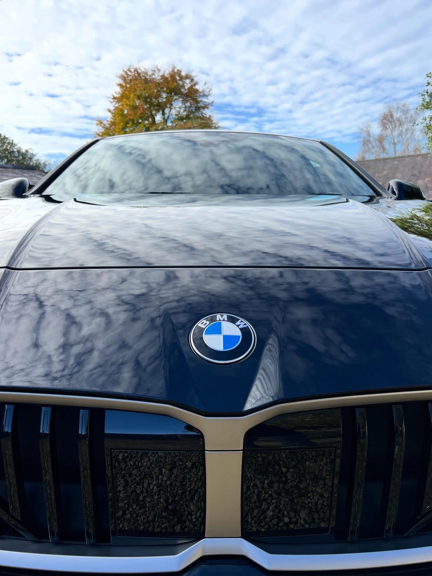 Front view of a black BMW car after full valet and detail and ceramic coating.