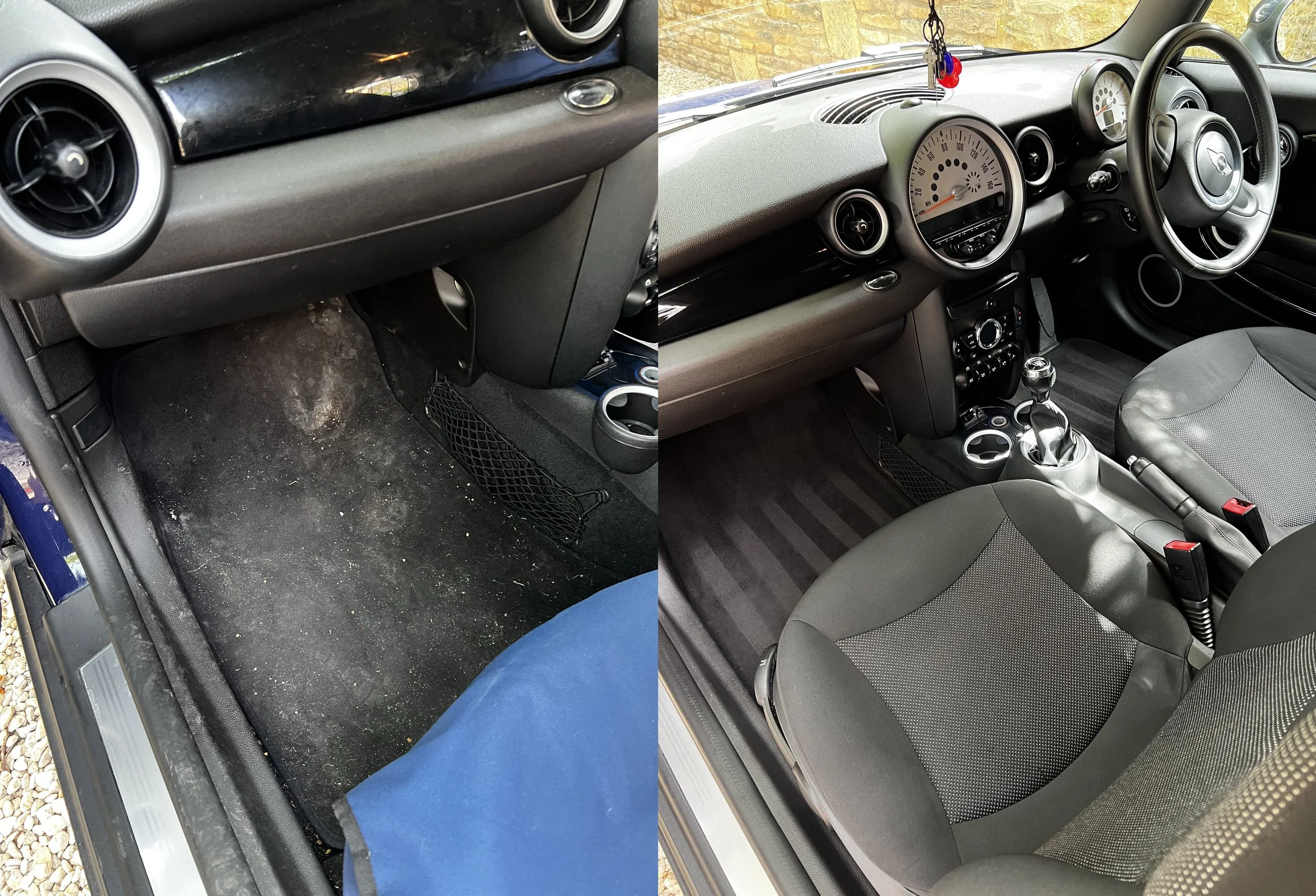 Before and after photos of a car interior, showing dirty, dusty front passenger footwell on the left and clean, vacuumed front passenger footwell on the right after a full detail valet by Oxford Car Detailing.