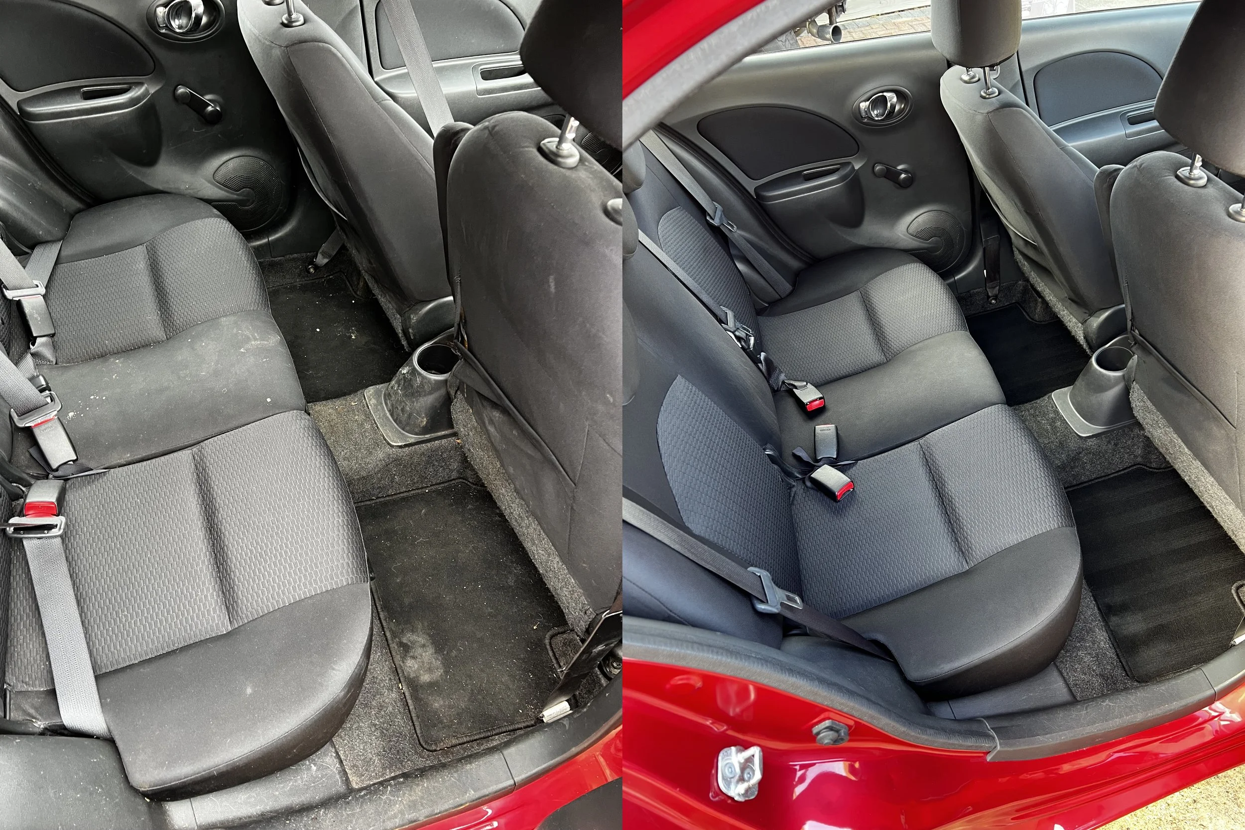 Comparison of car interior, showing before and after cleaning of the back seat and floor area; left side is dirty with stains and debris, right side is clean and spotless after a full detail valet by Oxford Car Detailing.