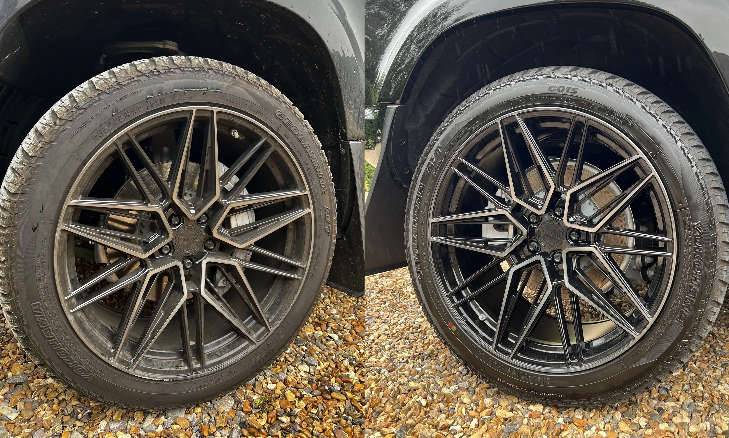 Comparison of two car wheels after a full detail valet by Oxford Car Detailing.