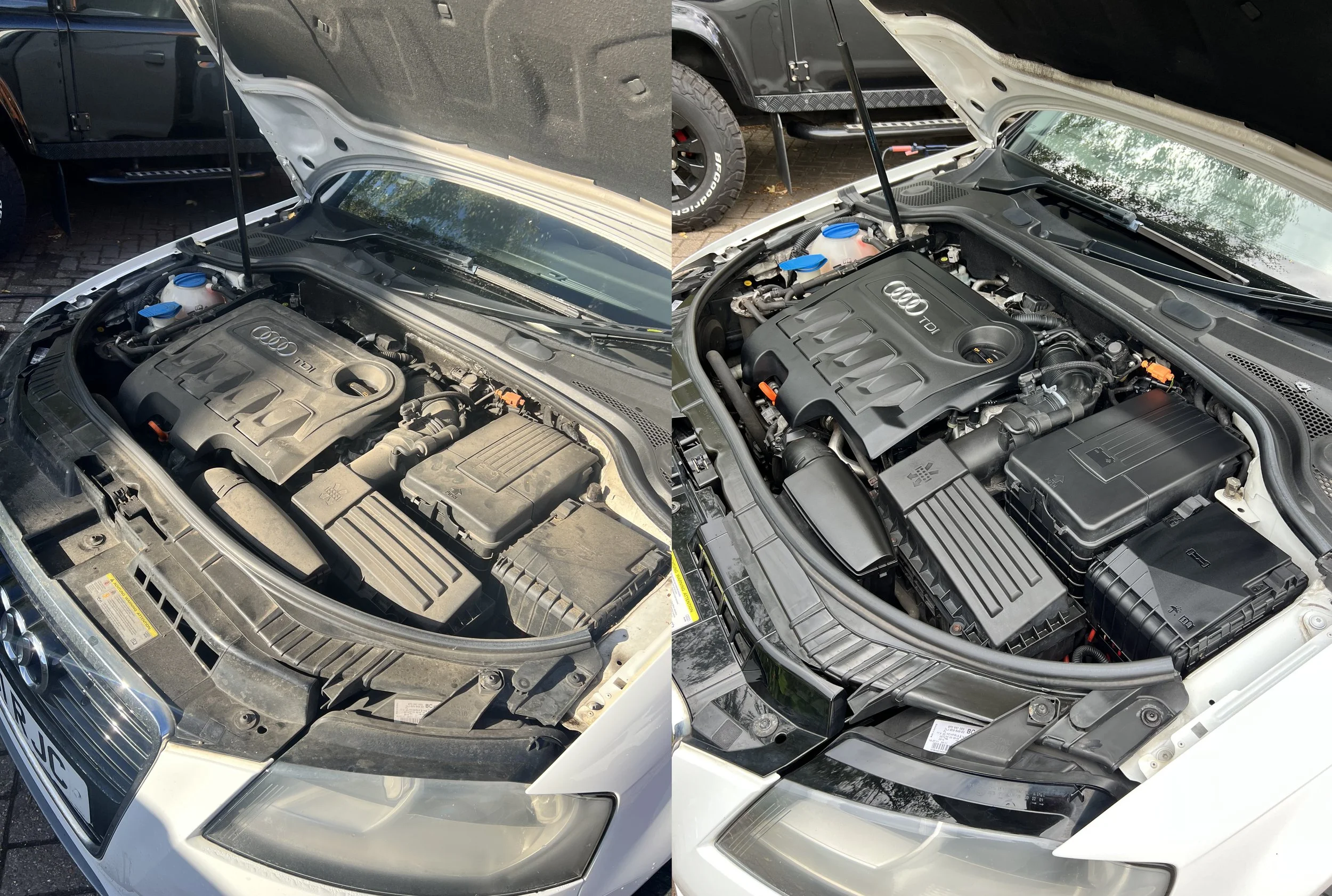 Comparison of two car engine bays after a full detail valet by Oxford Car Detailing.