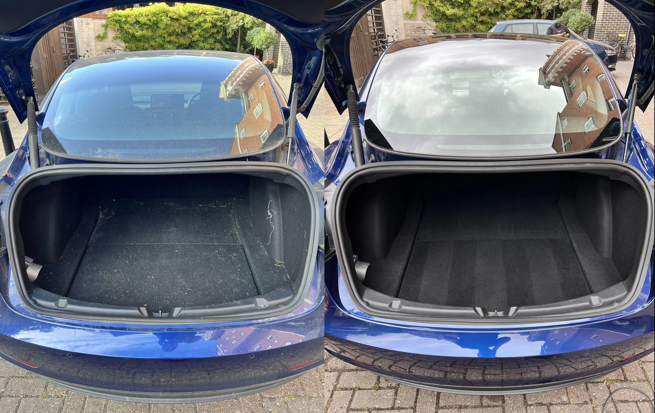 Comparison of a car trunk before and after cleaning. The left side shows an empty trunk with dust and debris, while the right side shows a clean, empty trunk with a fresh appearance after a full detail valet by Oxford Car Detailing.