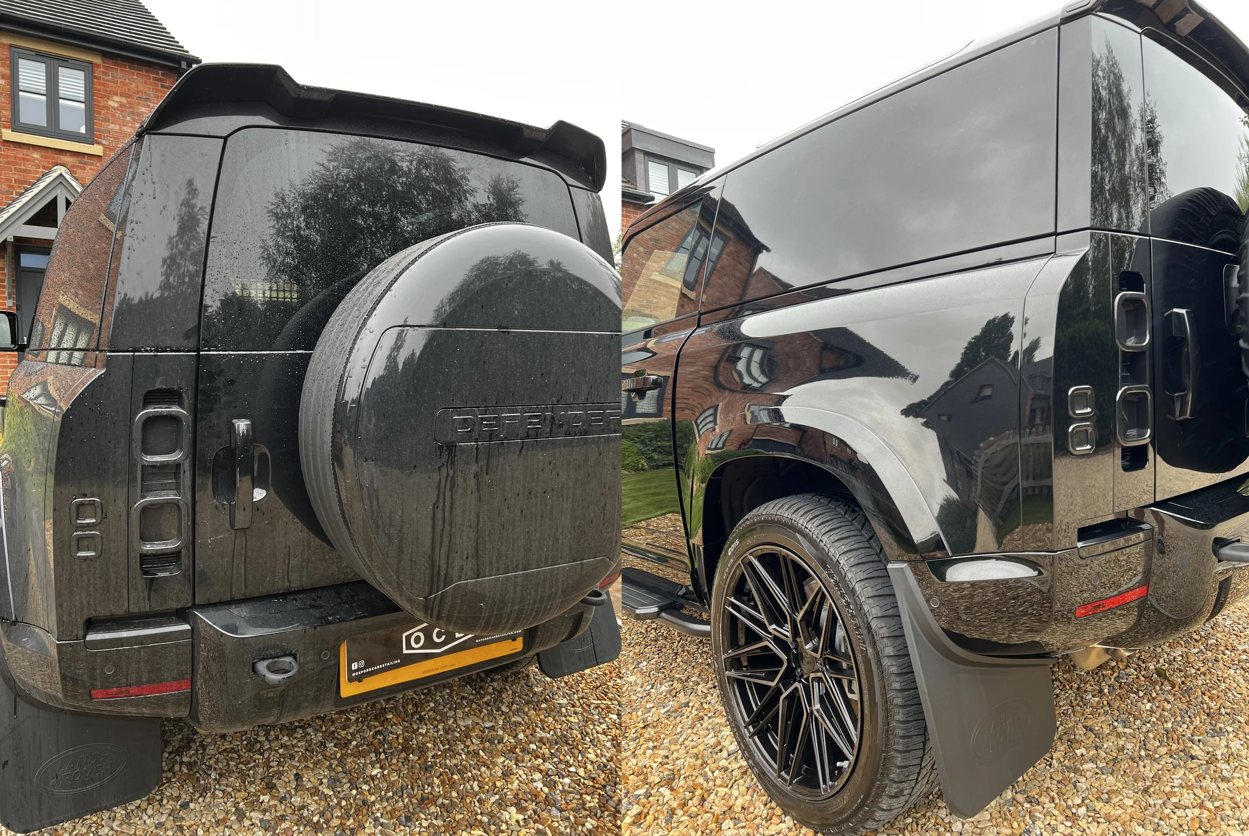 Side view of a black Land Rover Defender after a full detail valet by Oxford Car Detailing.
