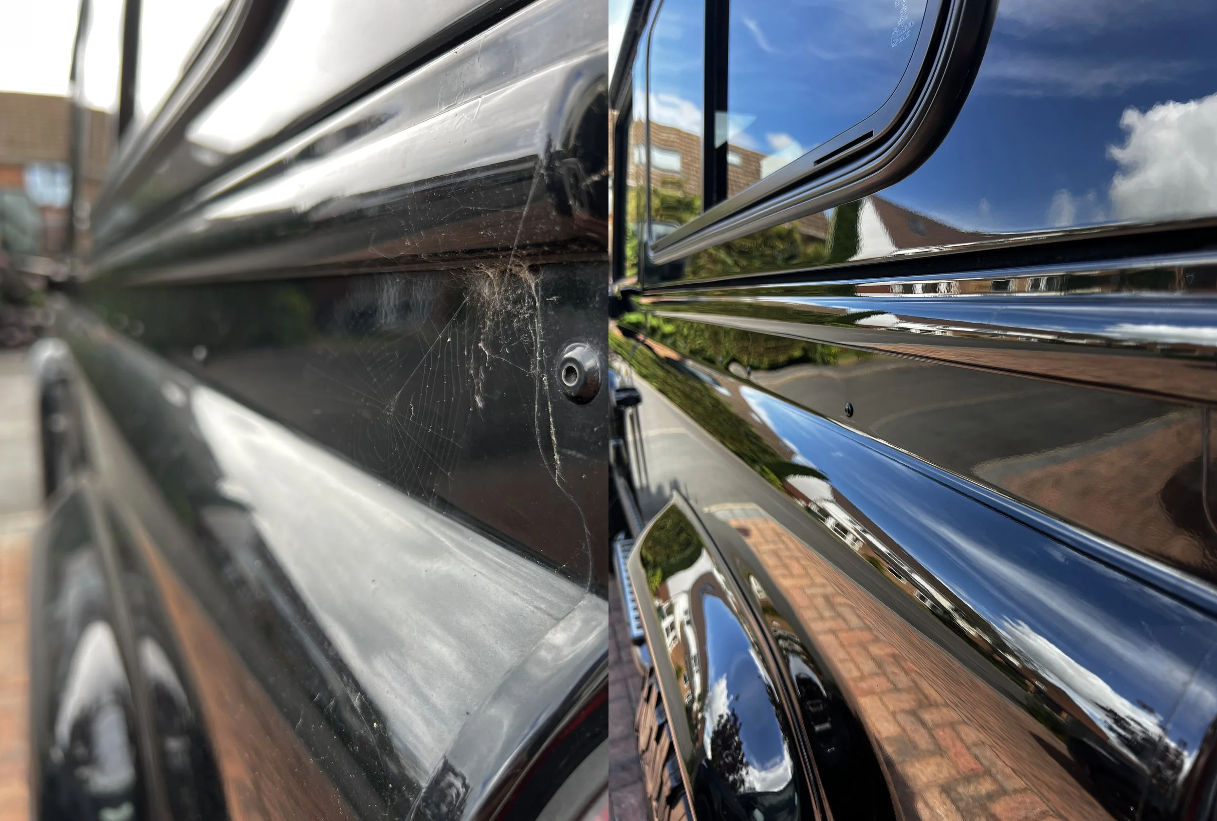 Comparison of two sections of a black car's exterior, with the left side showing dirt, spider webs, and grime, and the right side showing a clean, shiny, reflective surface after a full detail valet by Oxford Car Detailing.