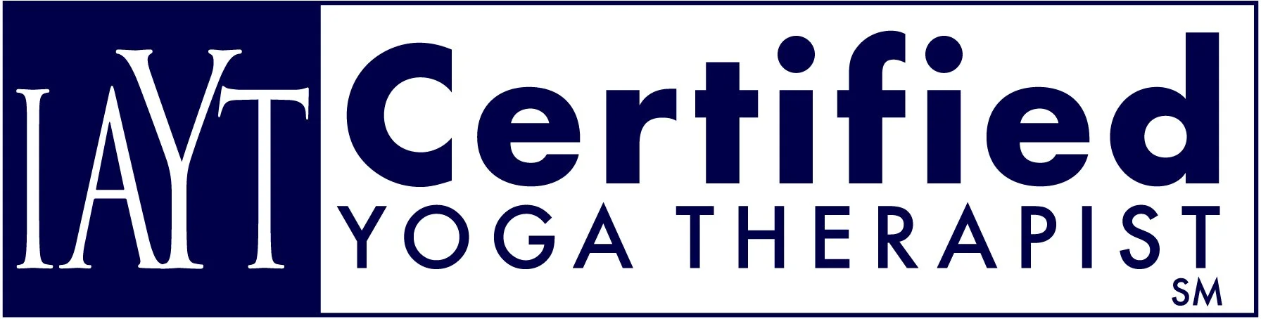 Logo with the text "IAYT Certified Yoga Therapist" in blue and white
