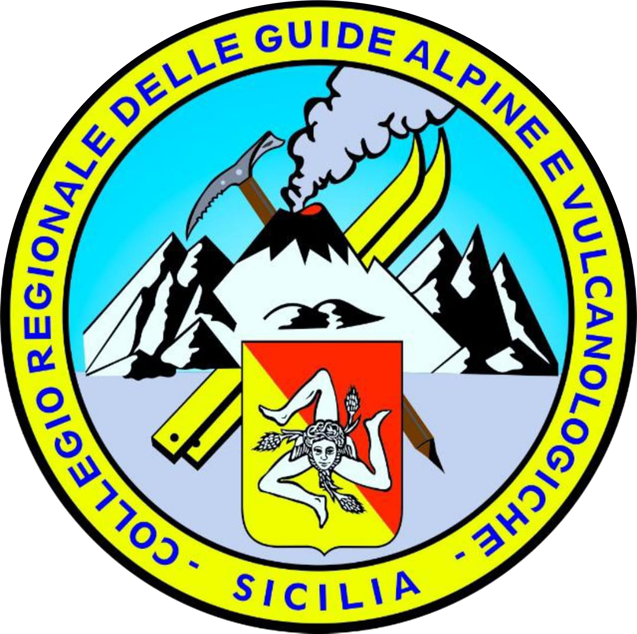 Logo dell'Istituto Nazionale di Geofisica e Vulcanologia (INGV) con un'illustrazione di un vulcano in eruzione con fumate e un'icona di un esploratore con cappello e lente, circondato dalla scritta in italiano 'OGGI È DELLE GUIDE ALPI E EVOLUZIONE VULCANICA IN SICILIA'.