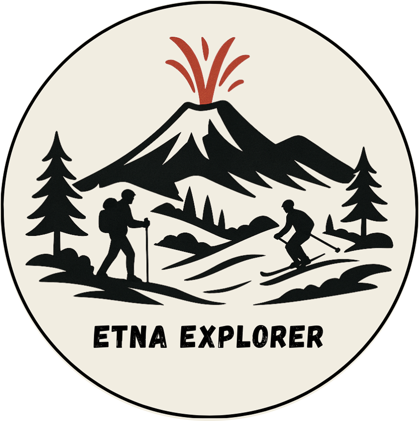 Logo circolare con un vulcano in eruzione, alberi di conifere e due persone che fanno escursioni, con il testo "Etna Explorer" in basso.