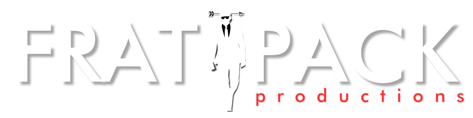Logo for Frat Pack Productions featuring a human figure in a suit with sunglasses, walking with an arrow on the shoulder, and the company name in bold gray and red letters.