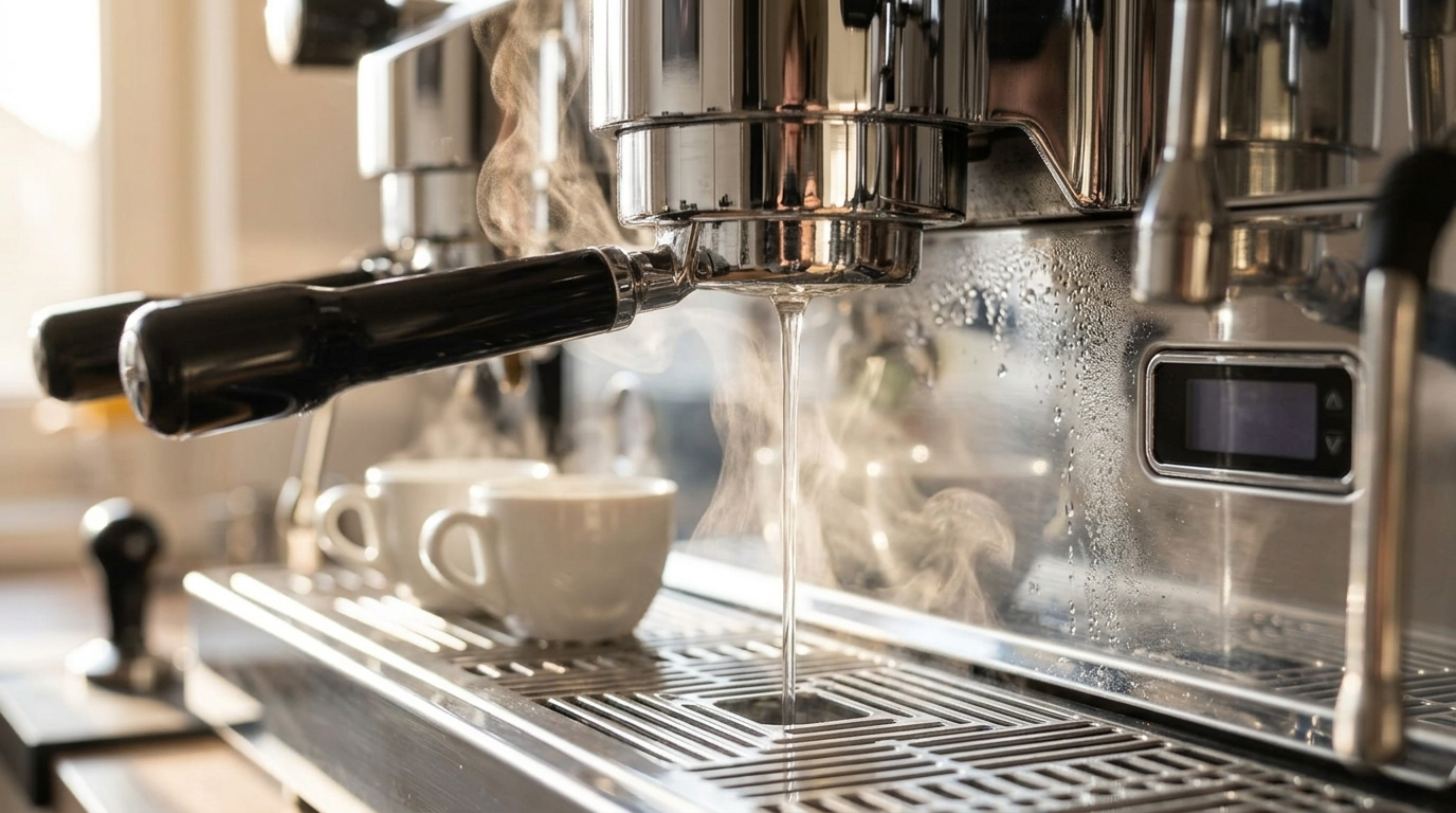 Brühgruppe einer Espressomaschine beim Aufheizen mit aufsteigendem Dampf Bildunterschrift: 15 bis 30 Minuten Aufheizzeit. Erst dann ist auch die Brühgruppe wirklich warm.