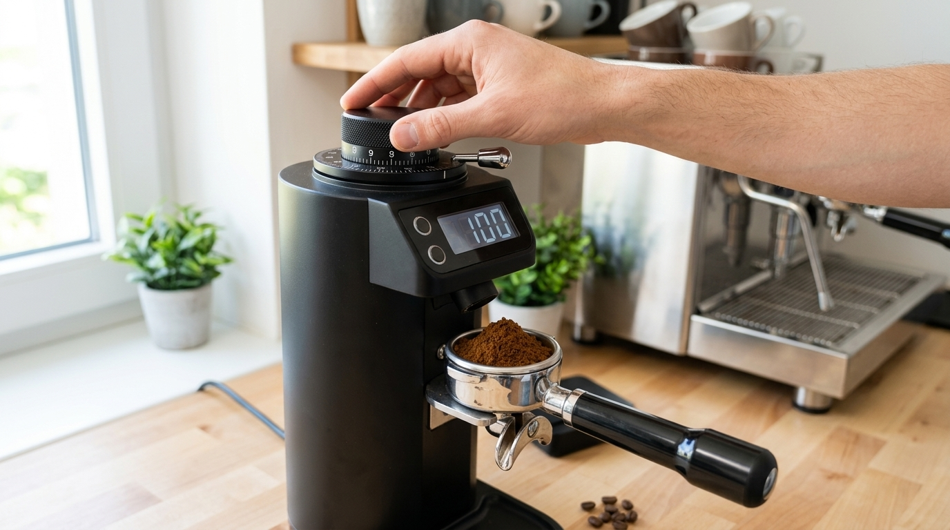 Barista stellt den Mahlgrad am Einstellring einer Espressomühle ein, darunter der gefüllte Siebträger