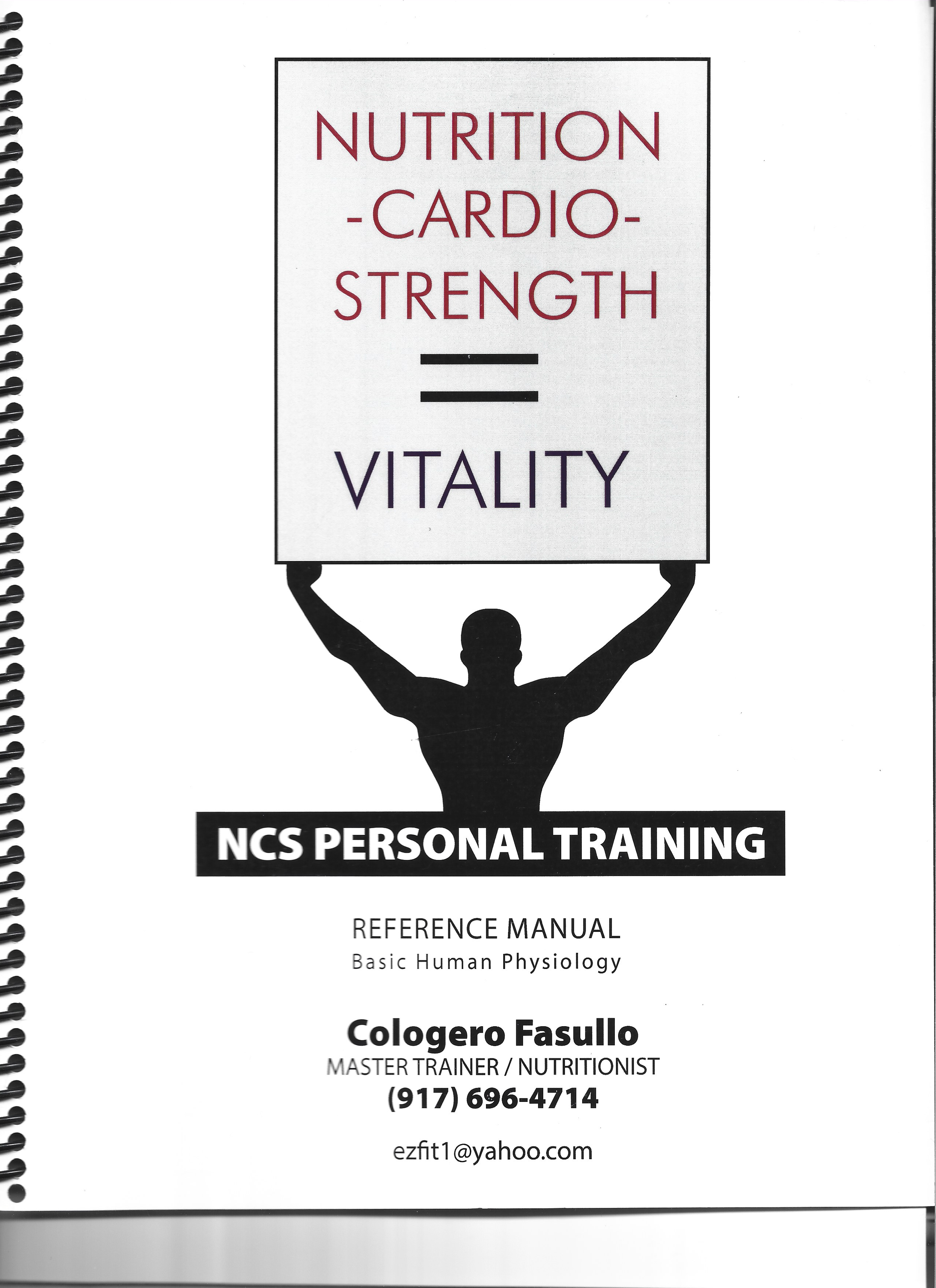 Cover of a reference manual titled 'Nutrition - Cardio - Strength = Vitality,' with an illustration of a person holding a sign above their head. Includes contact information for Cologero Fasullo, Master Trainer and Nutritionist.