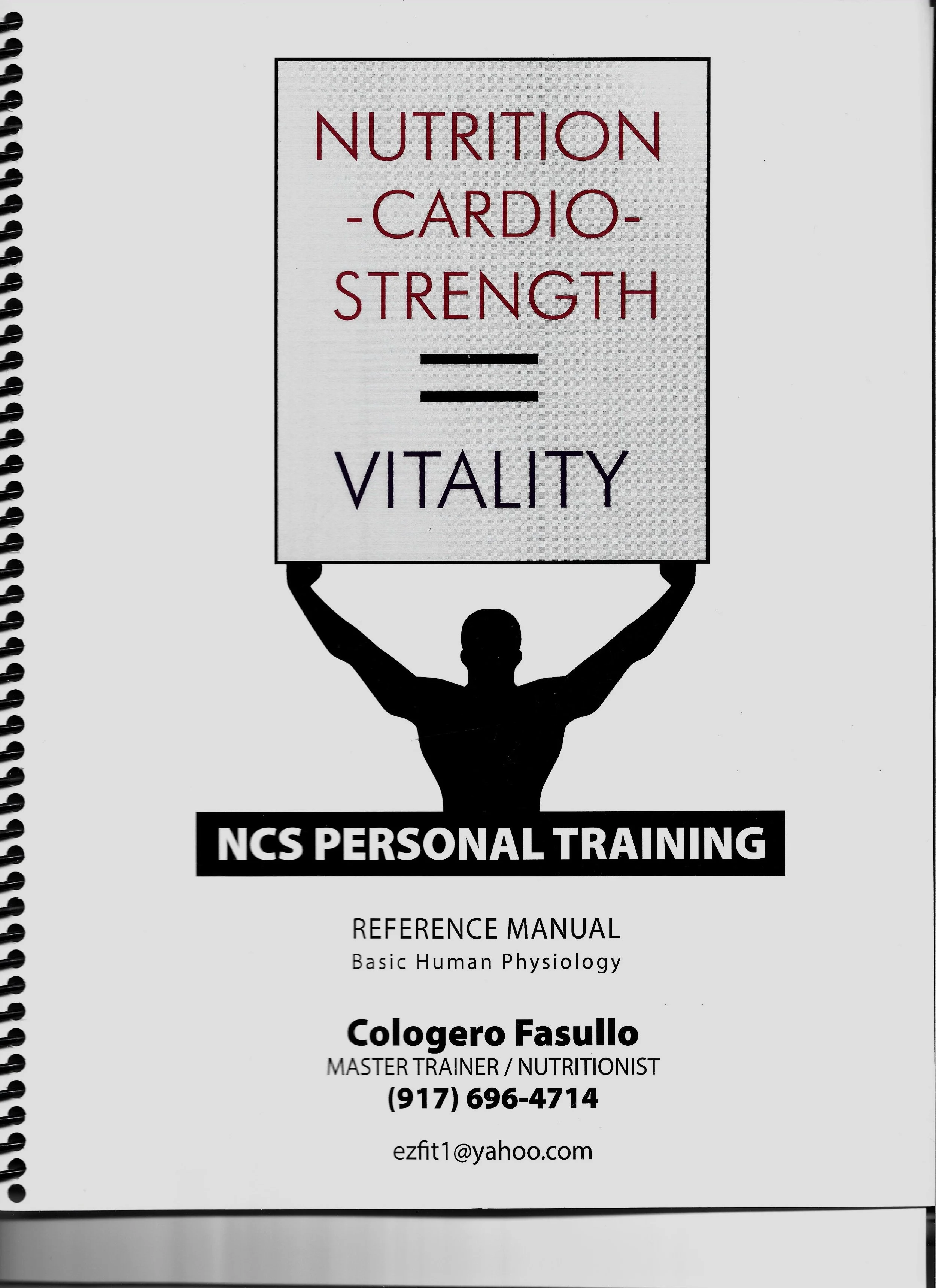 Cover page of a nutrition and personal training reference manual featuring a silhouette of a person holding a sign that reads "Nutrition - Cardio - Strength = Vitality," with contact information for Cologero Fasullo, Master Trainer and Nutritionist.