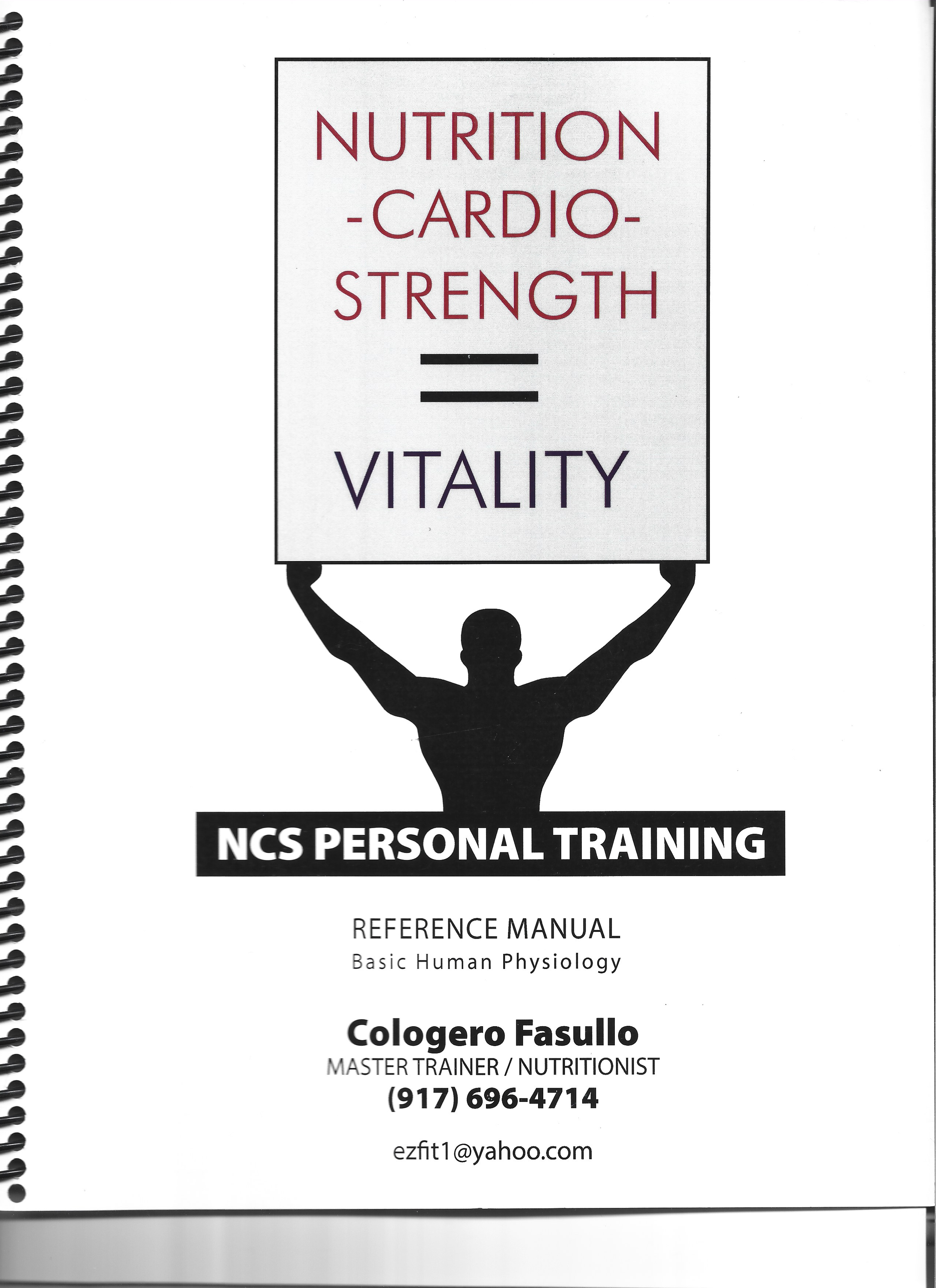 Cover page of a reference manual titled 'Nutrition - Cardio - Strength = Vitality', featuring a silhouette of a person holding a large sign with the title, and information about the trainer, Cologero Fasullo, a master trainer and nutritionist.