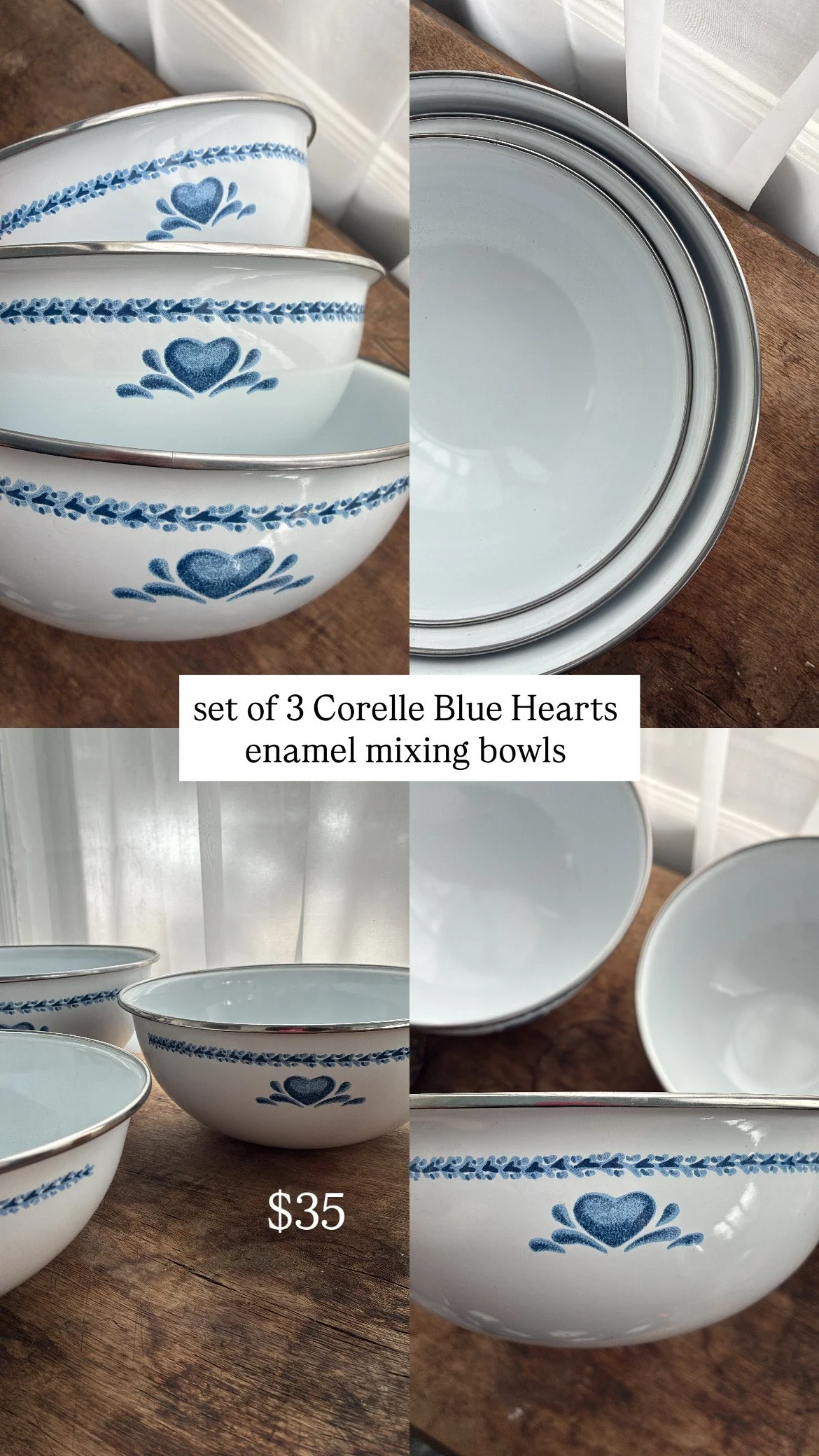 RESERVED - 3 Corelle Blue Hearts Mixing Bowls