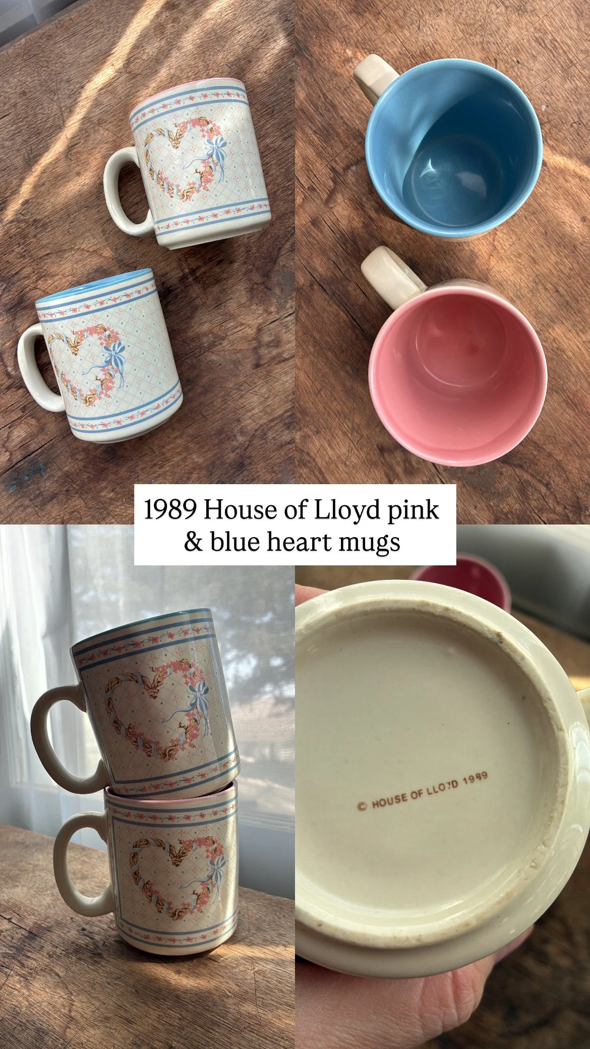RESERVED - 1989 House of Lloyd Pink & Blue Heart Mugs