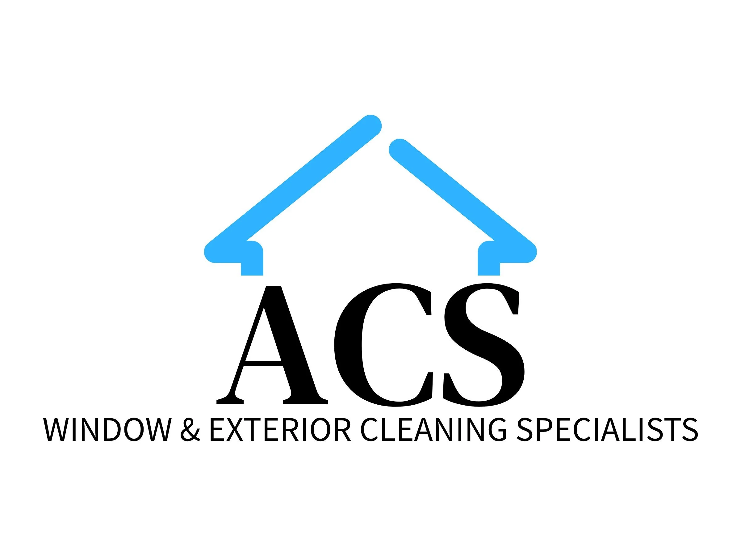 Logo for ACS Window & Exterior Cleaning Specialists featuring a stylized blue house roof above the black initials 'ACS' and the company name below.