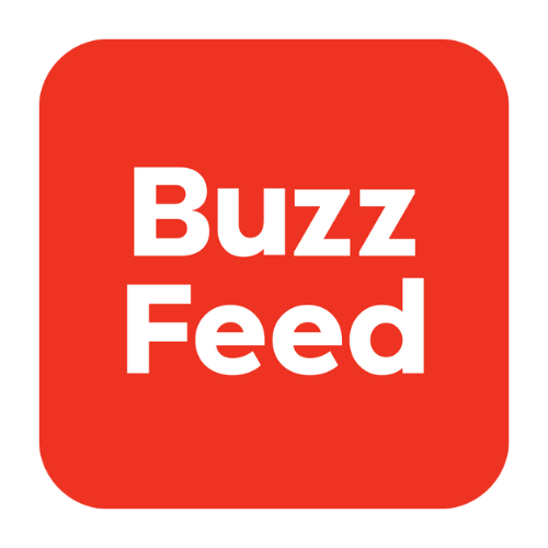 Red square icon with rounded corners and white text saying "Buzz Feed"