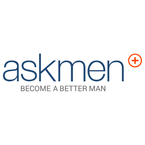 AskMen logo with the tagline 'Become a Better Man' and a red plus sign inside an orange circle.