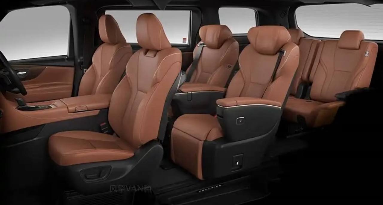 Inside of a vehicle showing multiple tan leather seats arranged in three rows with headrests.