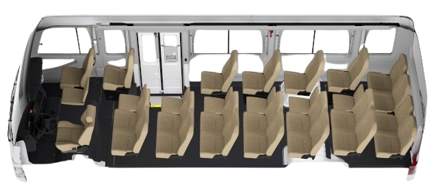 Interior view of a bus with beige seats arranged in rows, with a door at the front and a windowed passenger area.