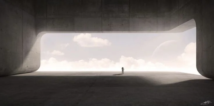 A person standing under a large concrete structure with an open sky, clouds, and a planet visible in the background.