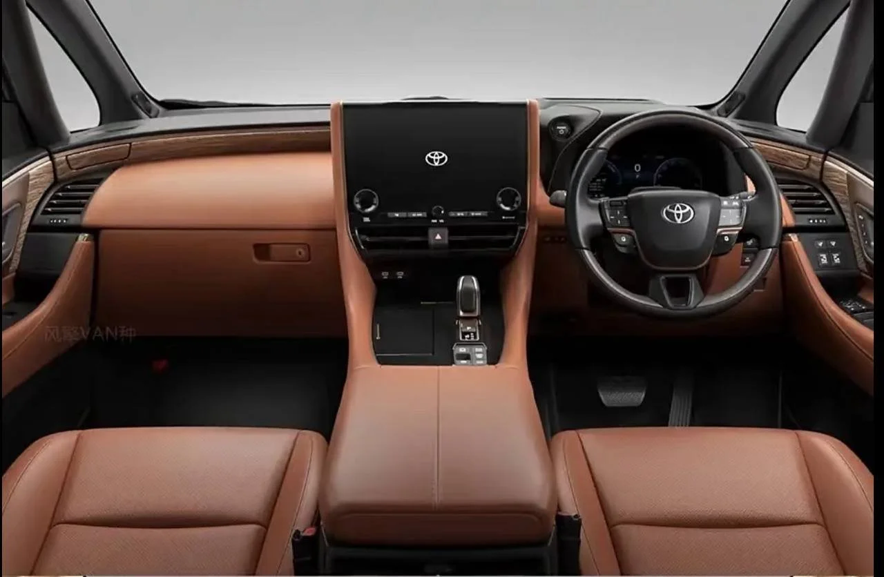 Interior of a Toyota vehicle showing the dashboard, steering wheel, center console, and front seats with leather upholstery.