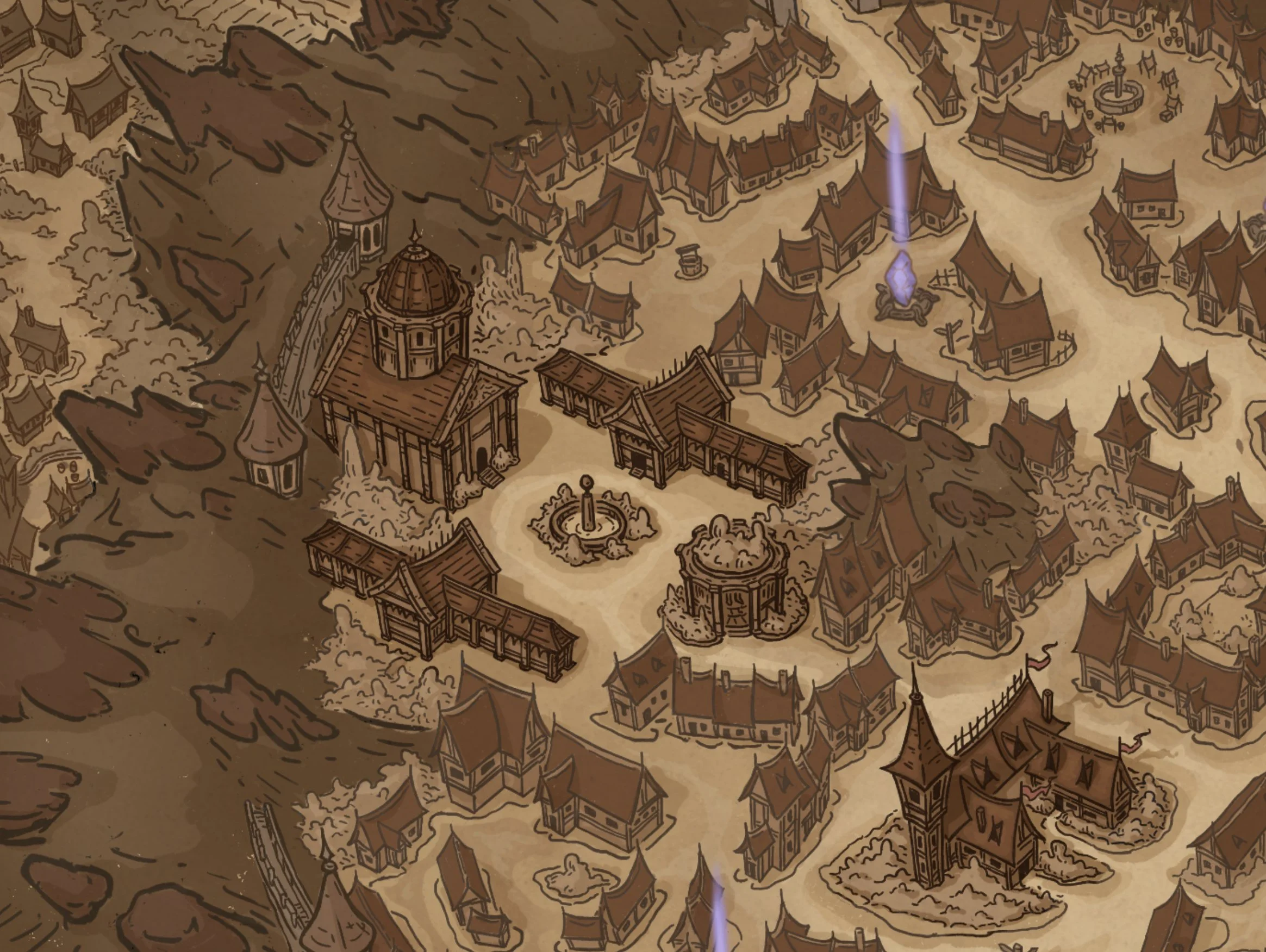 A detailed map of a fantasy village with various buildings, including a church, a fountain, and a large round structure, surrounded by smaller houses and paths, with mountains on one side.