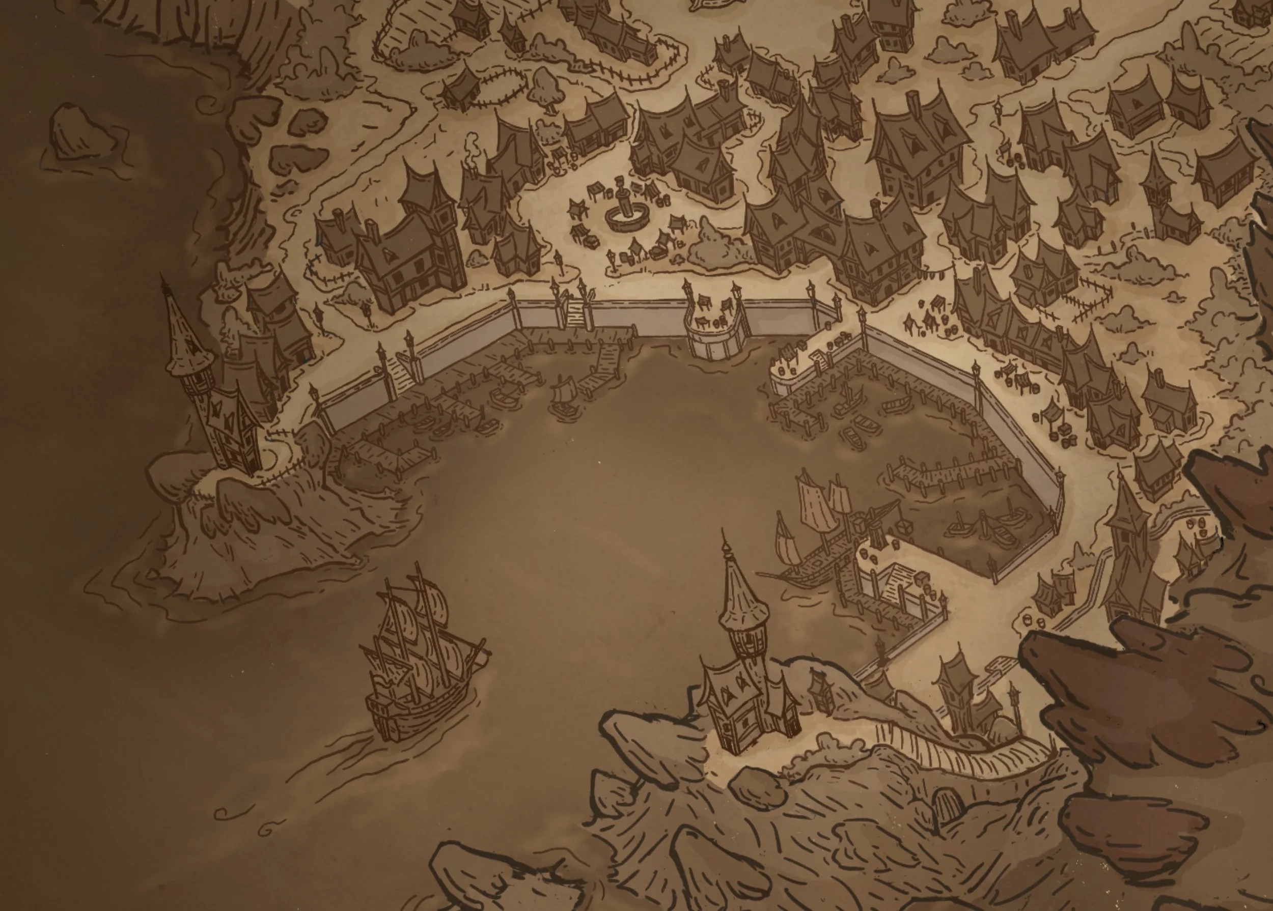 A detailed, illustrated map of a fantasy medieval town and harbor with various buildings, castles, walls, ships, and natural landscape features.