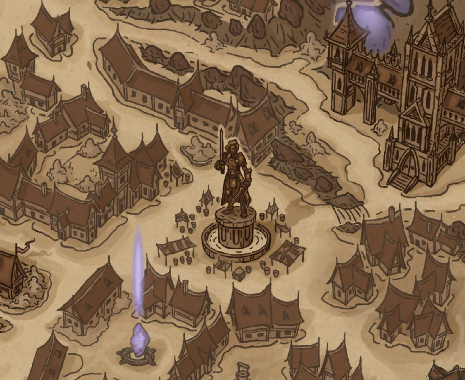 A fictional medieval town map featuring numerous buildings, streets, a large cathedral, a statue of a knight on a pedestal, a glowing crystal amulet, and surrounding landscape.