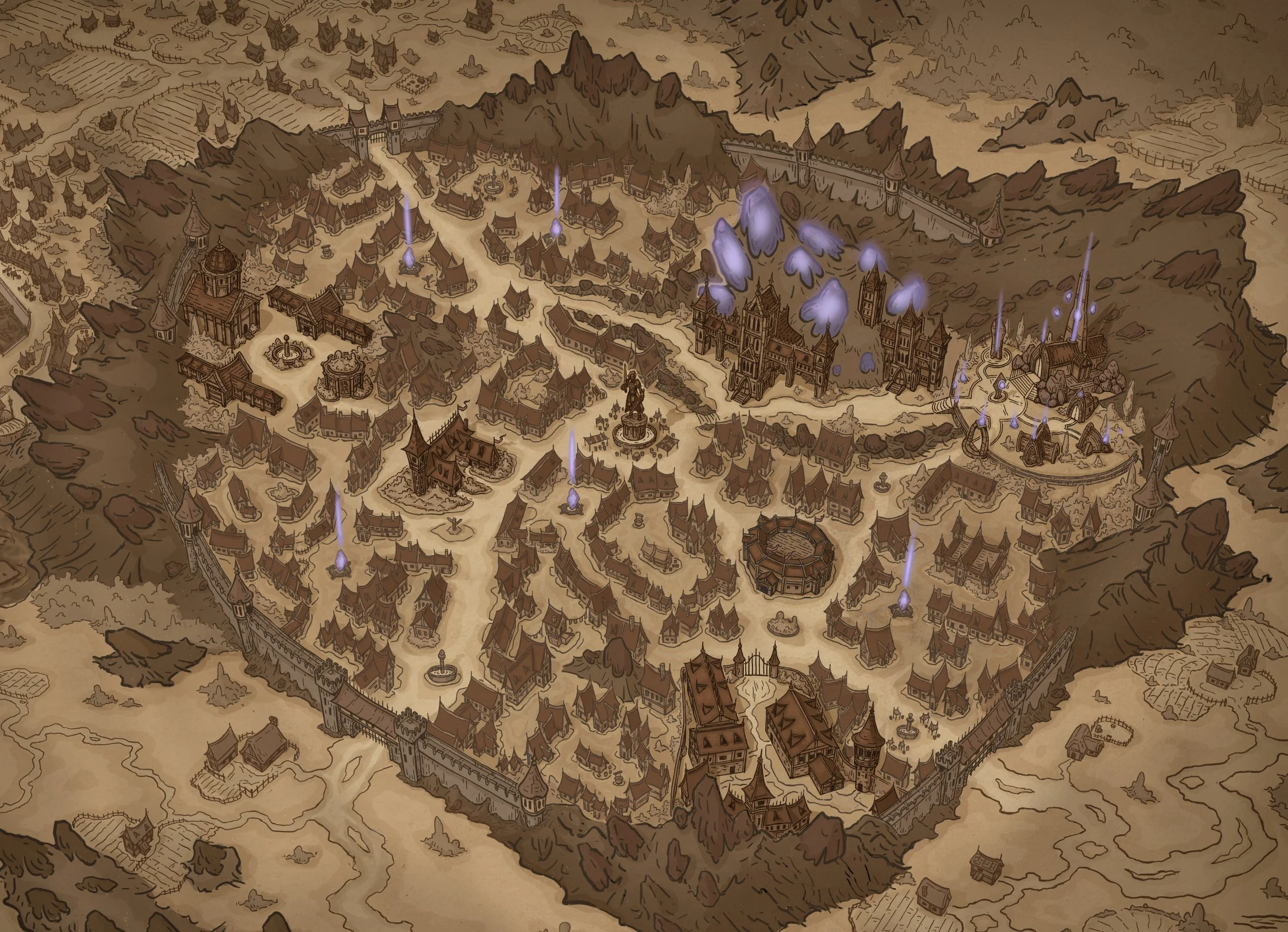 A detailed fantasy map of a medieval-style city enclosed by walls, with castles, towers, winding roads, mountains in the background, and purple glowing orbs or energy sources scattered throughout.