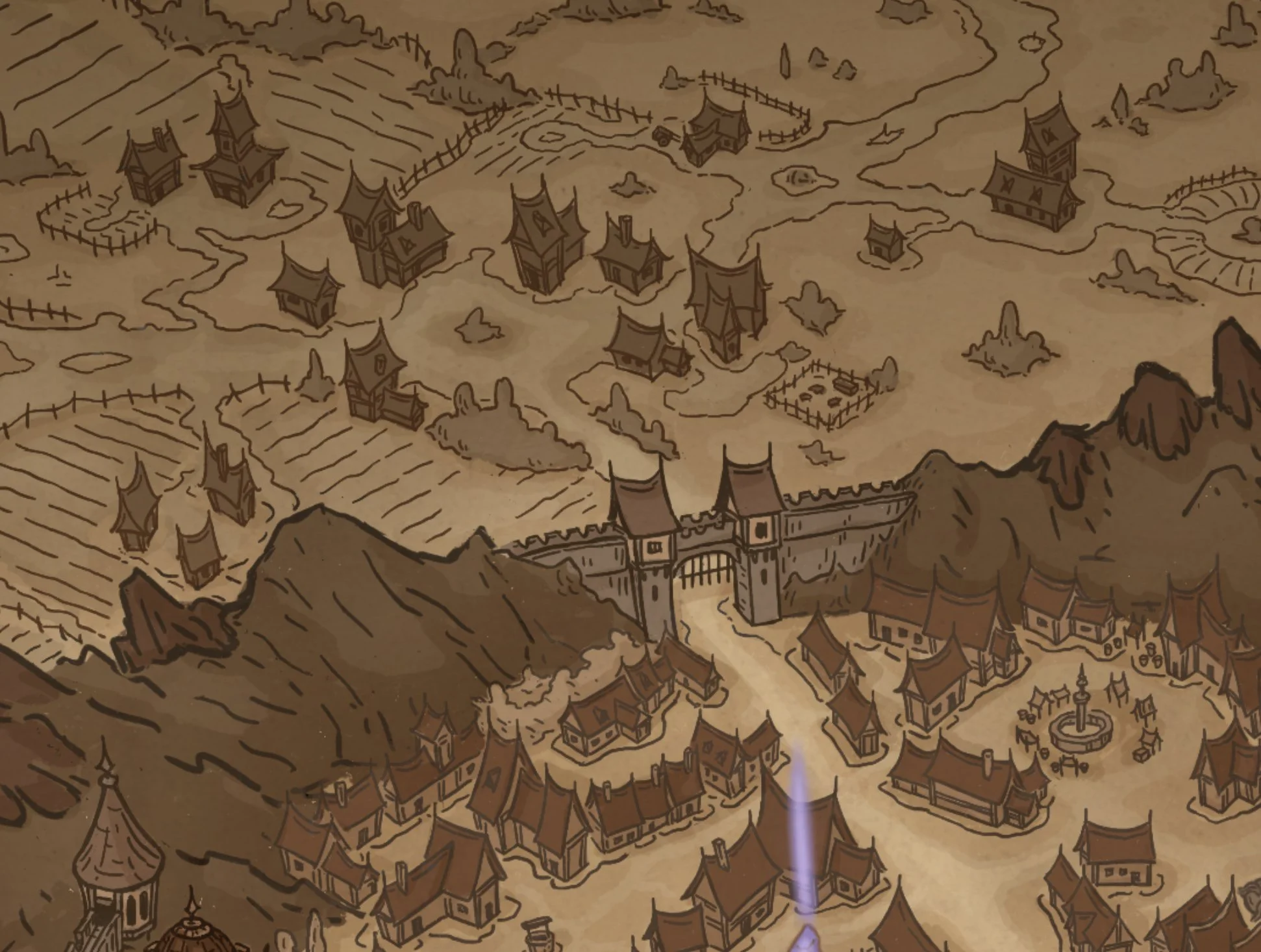 An illustrated map of a medieval fantasy town with numerous buildings, a large castle gate, mountains, and farmland.