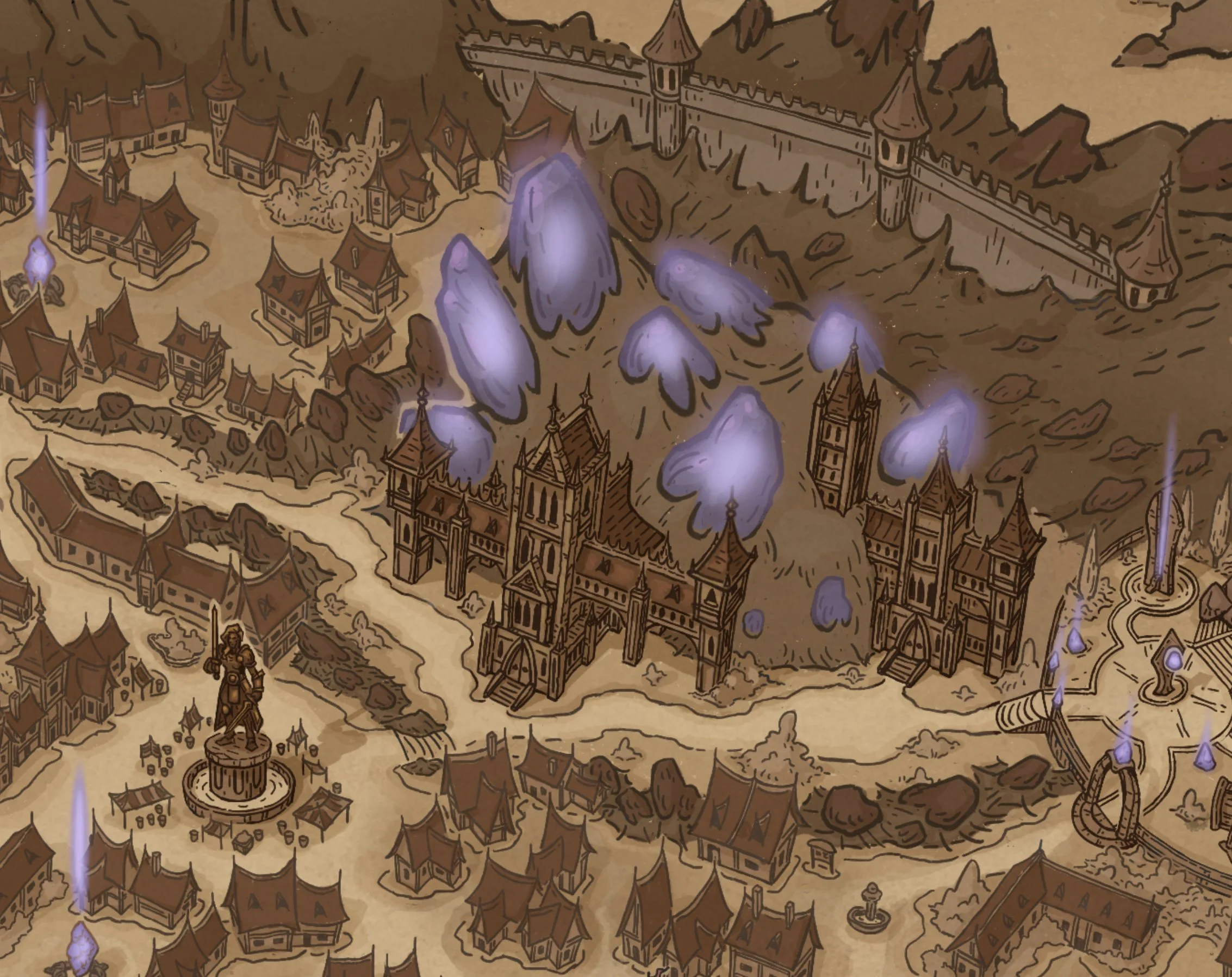 A fantasy map featuring a medieval town with multiple buildings, a large cathedral, a statue, purple glowing crystals in the terrain, a castle wall, and mountains in the background.