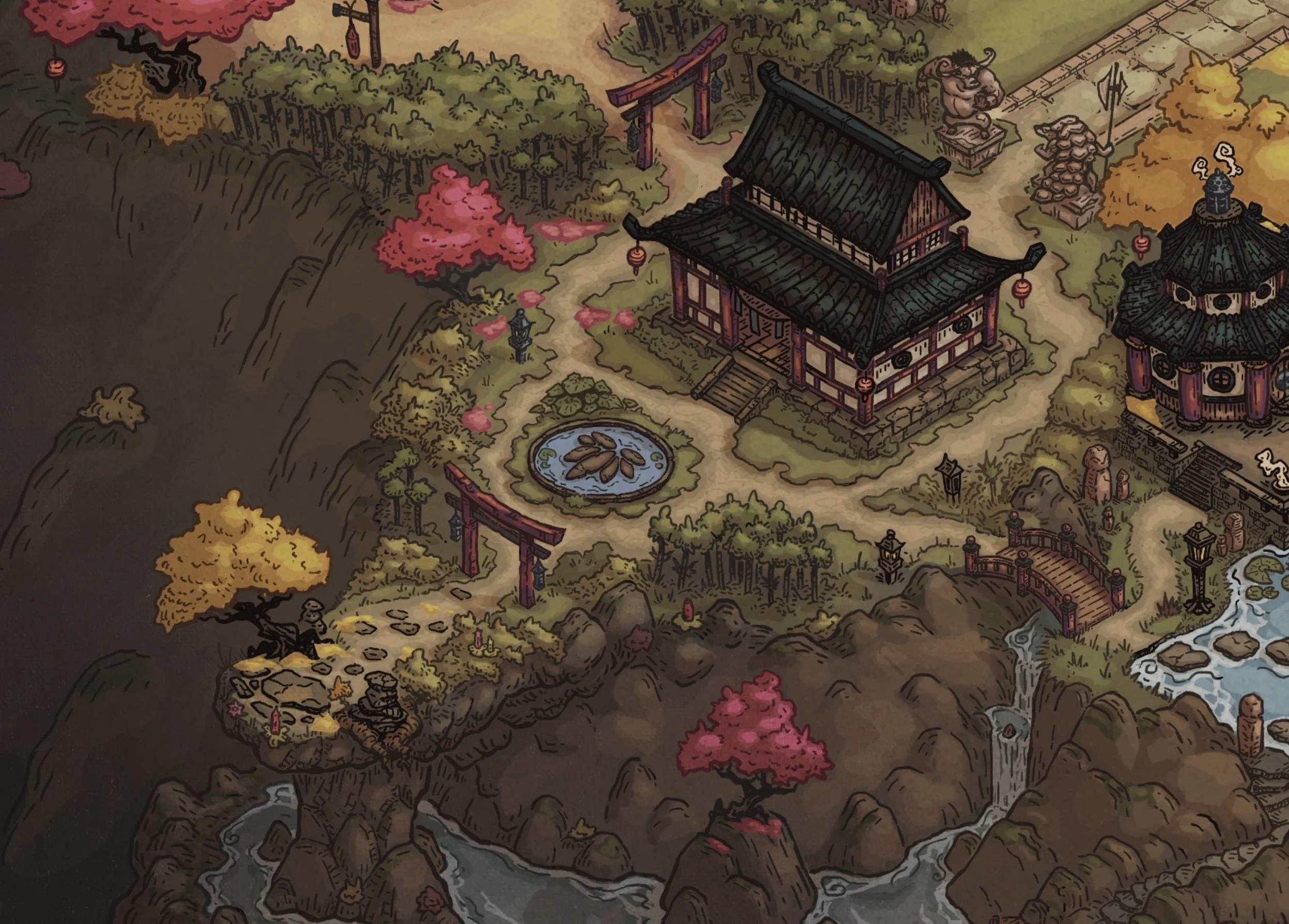 An illustrated scene of a traditional Japanese garden with pathways, a pond with lily pads, a small bridge over a stream, and buildings with curved roofs, surrounded by trees in autumn colors.