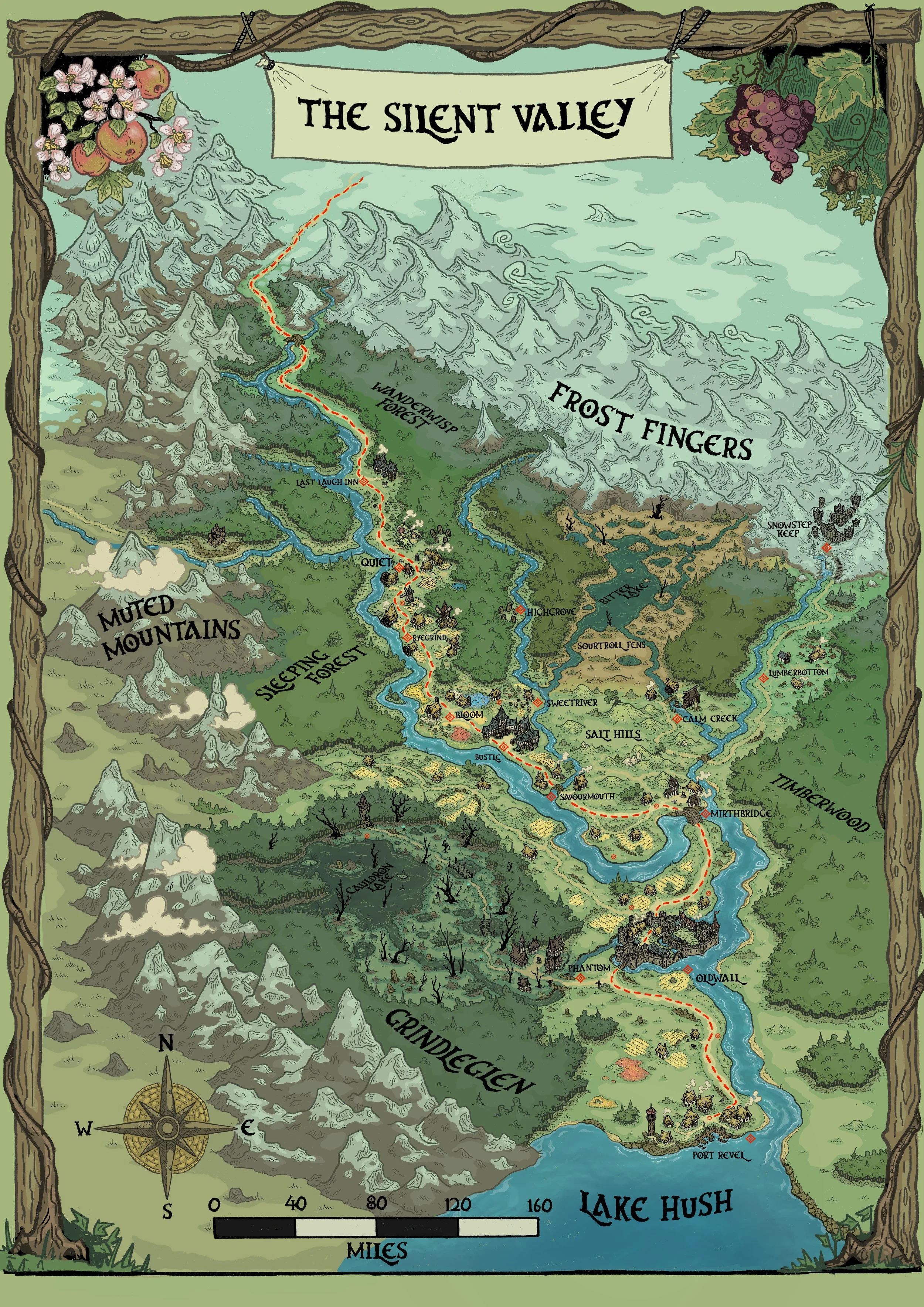 A region map for The Silent Valley in Springtime, created for the Dungeon Dudes new real play DND campaign "Seasons of Silence"