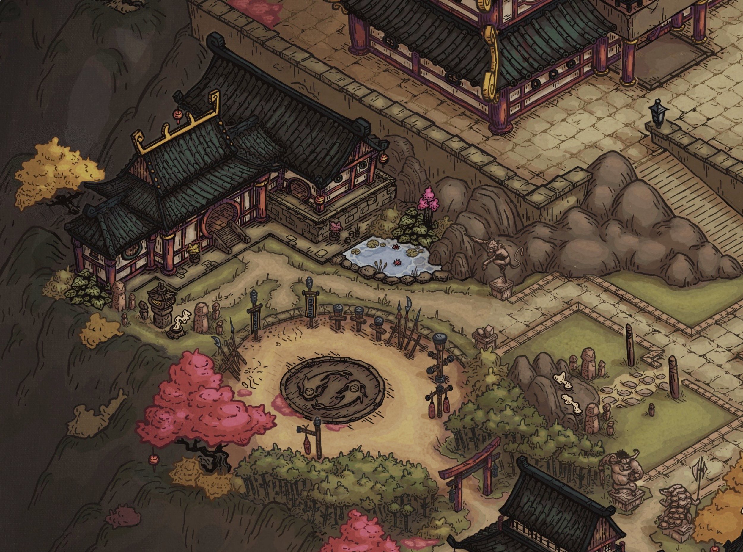 Illustrated view of a traditional Japanese courtyard with pagoda-style buildings, cherry blossom trees, stone statues, lanterns, and a circular emblem in the center surrounded by greenery and pathways.