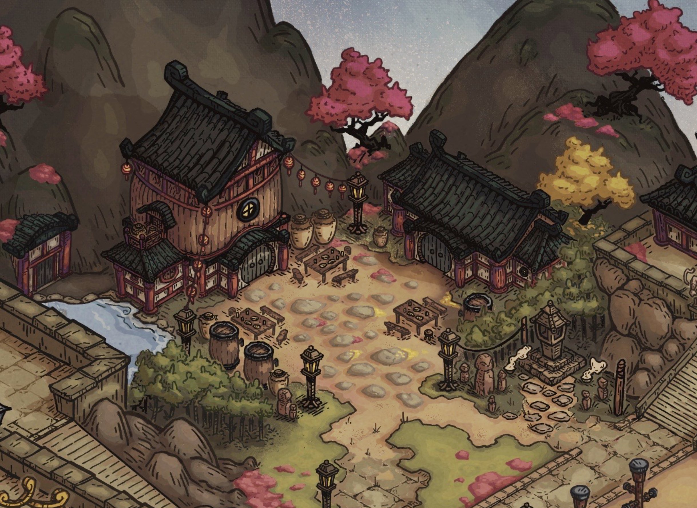 Illustration of a traditional Asian-style village with buildings, trees with pink and yellow leaves, stone pathways, lanterns, and mountainous background.