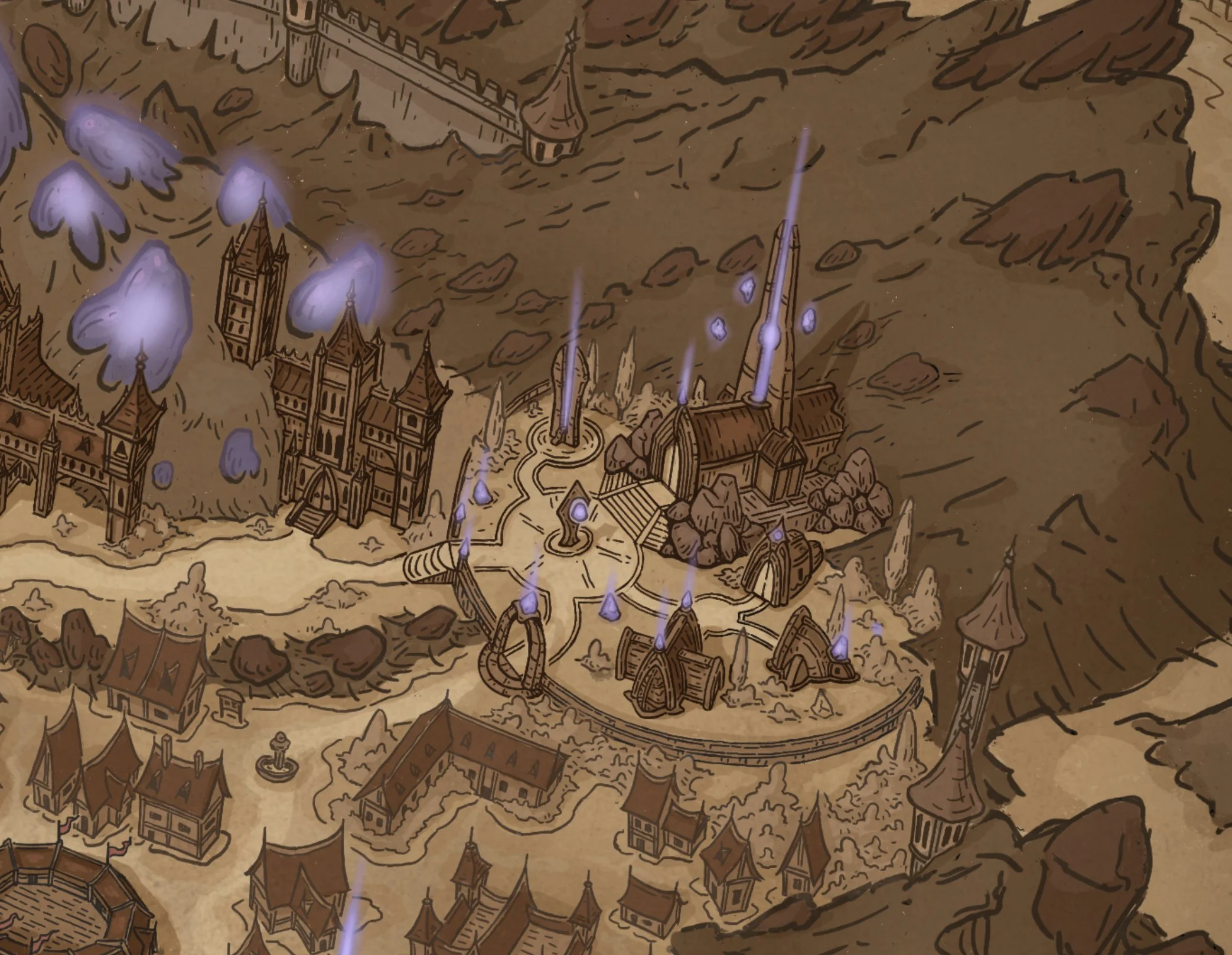 A fantasy map illustration of a medieval-style town with gothic buildings, towers, a castle, and a circular plaza at the center. The scene includes glowing purple accents and a sepia-toned color palette.