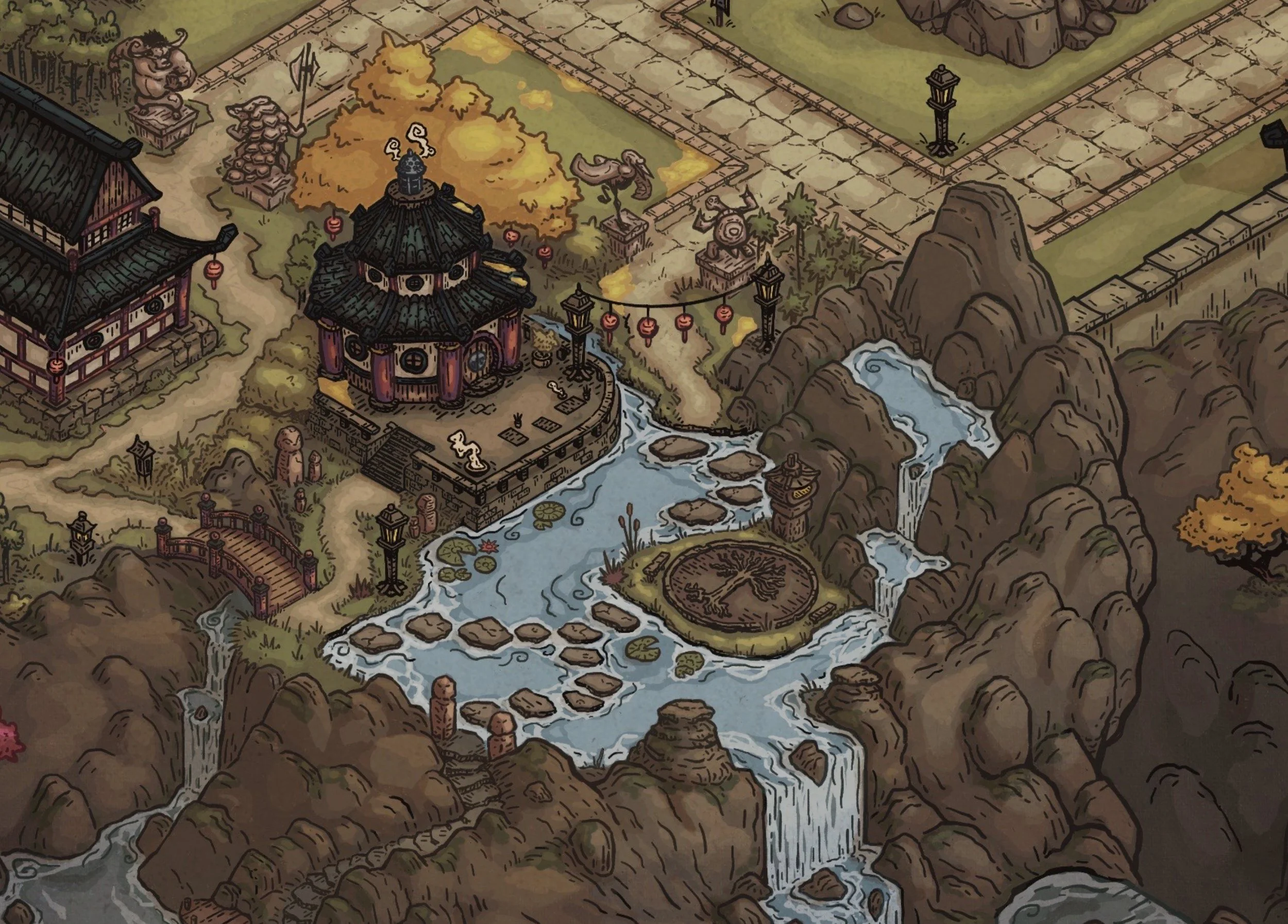 An illustrated traditional Chinese garden scene with a pagoda, stone bridge, flowing waterfalls, rock formations, a pond with lily pads, and ornamental lanterns, surrounded by trees and pathways.