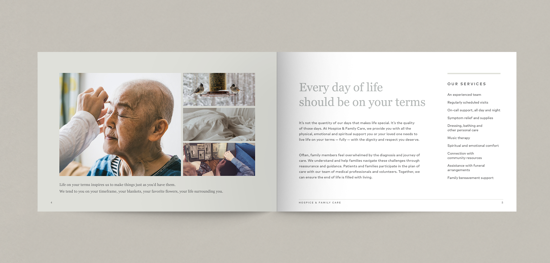 A consideration brochure designed to gently reframe common hospice—offering clarity, comfort and a reminder that end-of-life care can be a choice made with dignity, compassion and on your own terms.