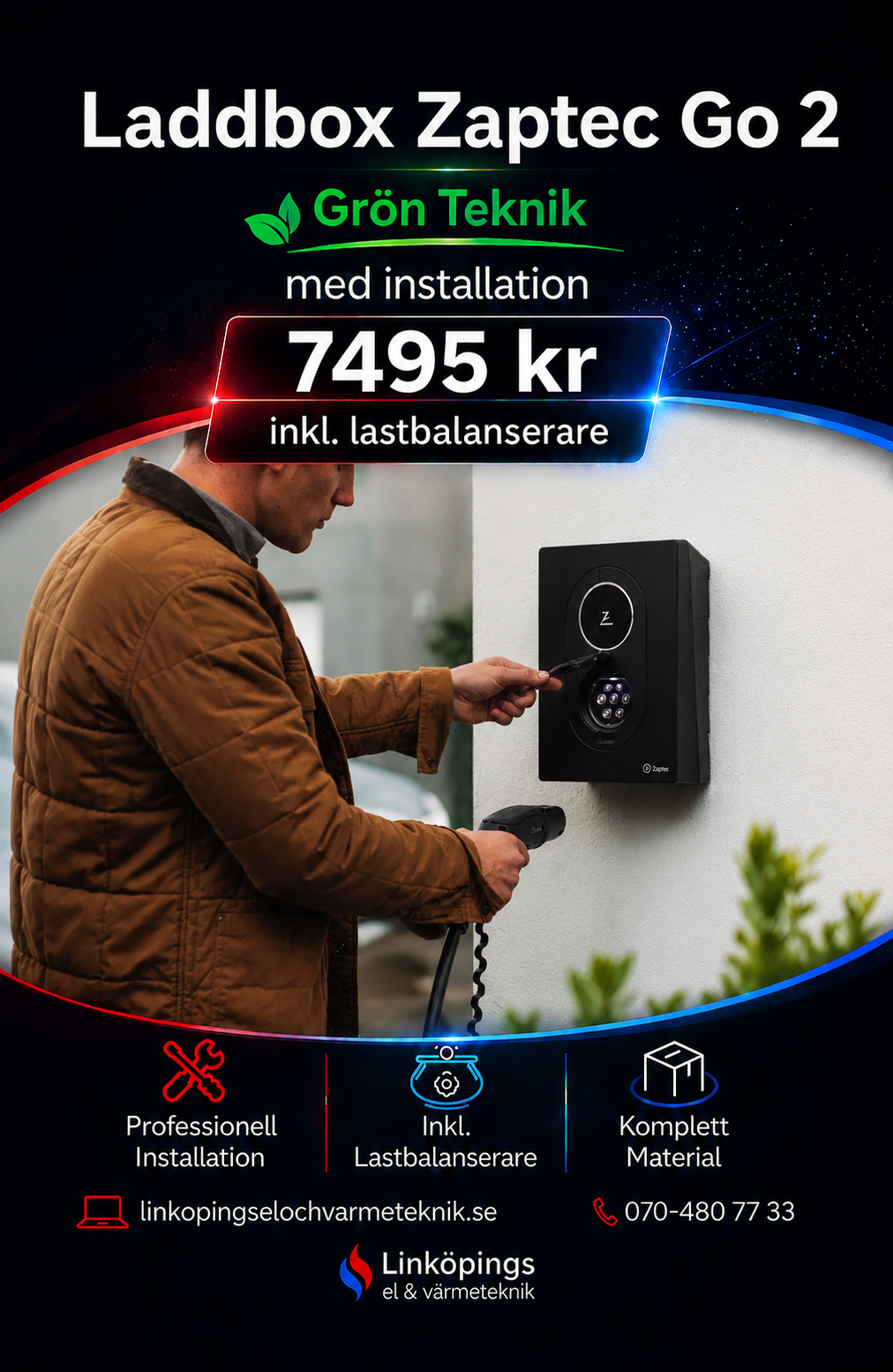 En man installer en laddbox på en vägg, laddboxen är svart och har en cirkulär design. Text på bilden annonserar installeringsservice för laddbox Zaptec Go 2 till priset av 7495 kr, inklusive lastbalanserare, med fokus på grön teknik och professionell installation. Kontaktinformation och företagets logga är också synliga.