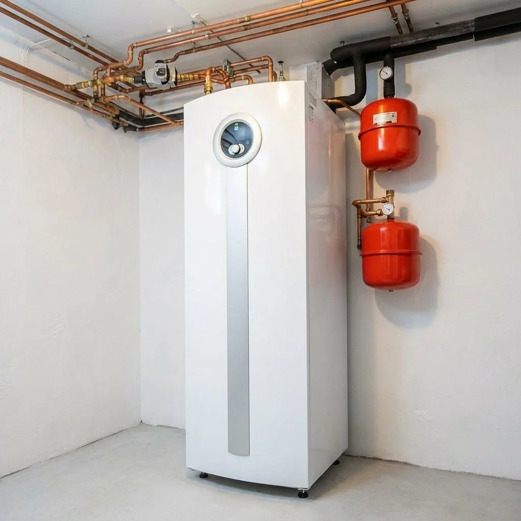 Ett värmepump i ett källarutrymme.