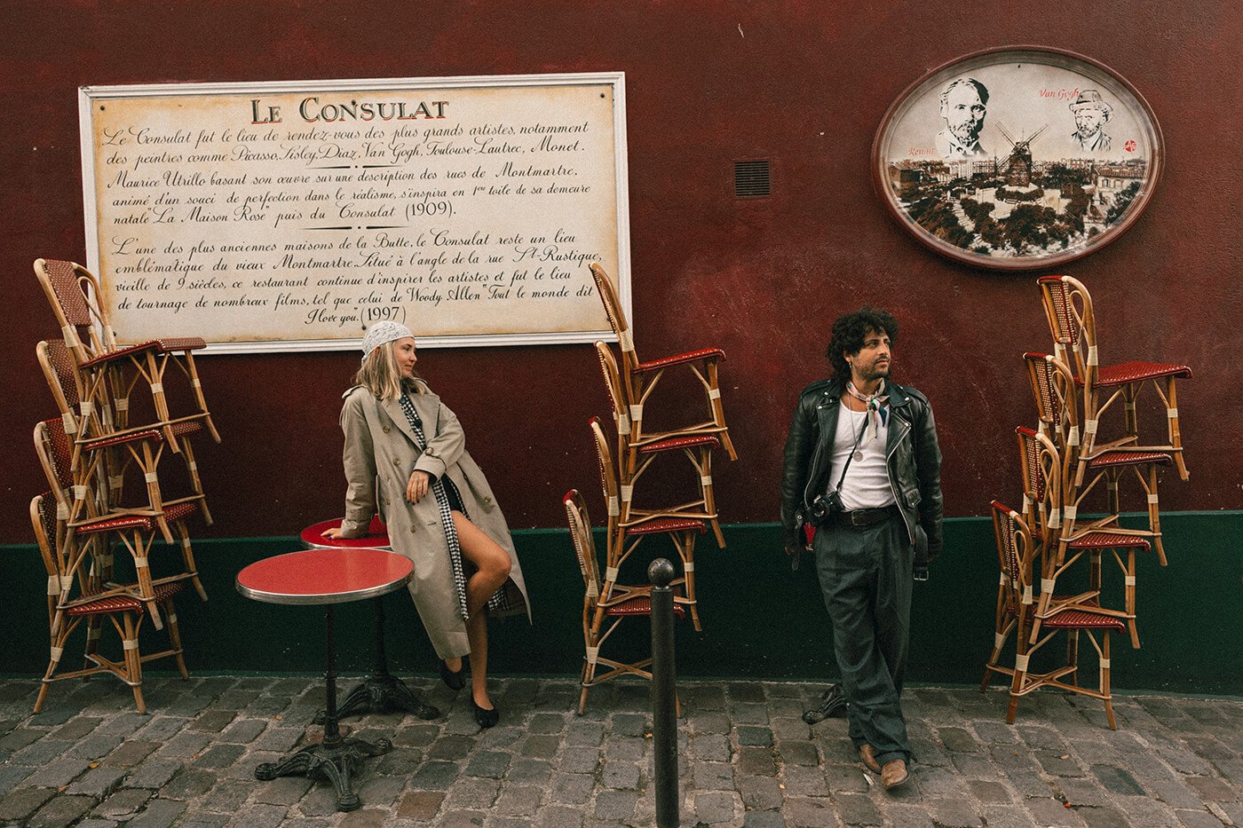 Engagement session at Le Consulat café in Montmartre, romantic Paris couple photos captured by a destination engagement photographer.