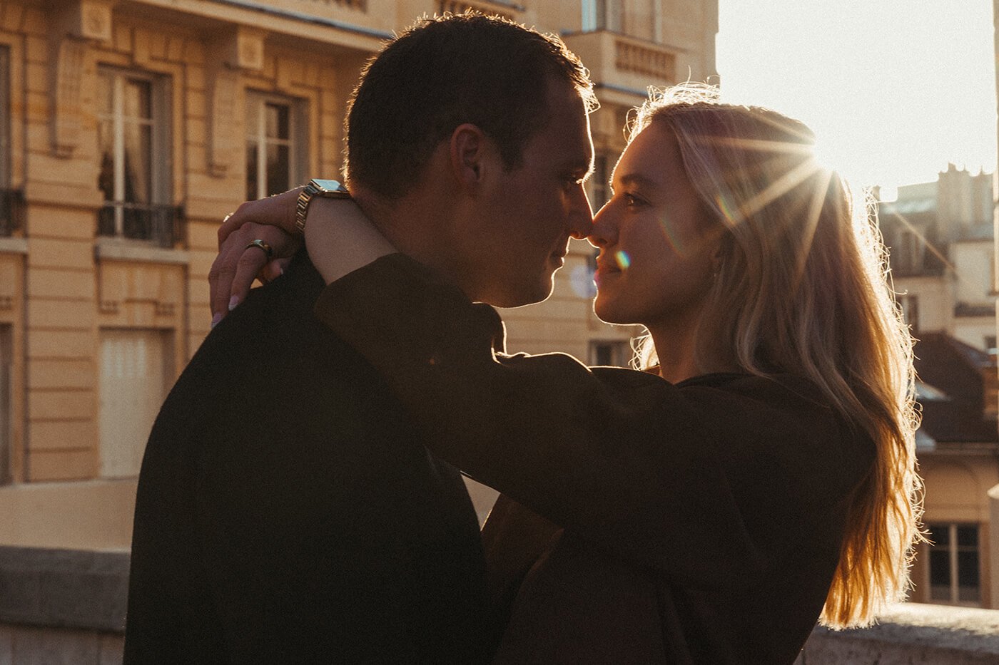 Elegant portrait during a Paris couple session with the Eiffel Tower in the distance.