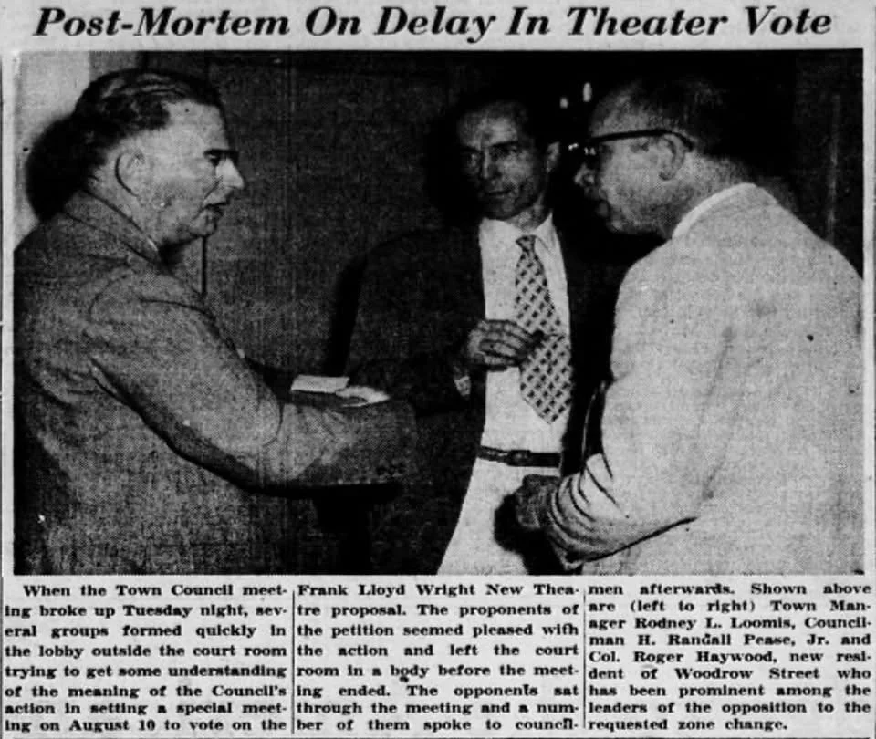 Frank Lloyd Wright, Tennessee Williams and Faye Emerson review the model for the New Theater.