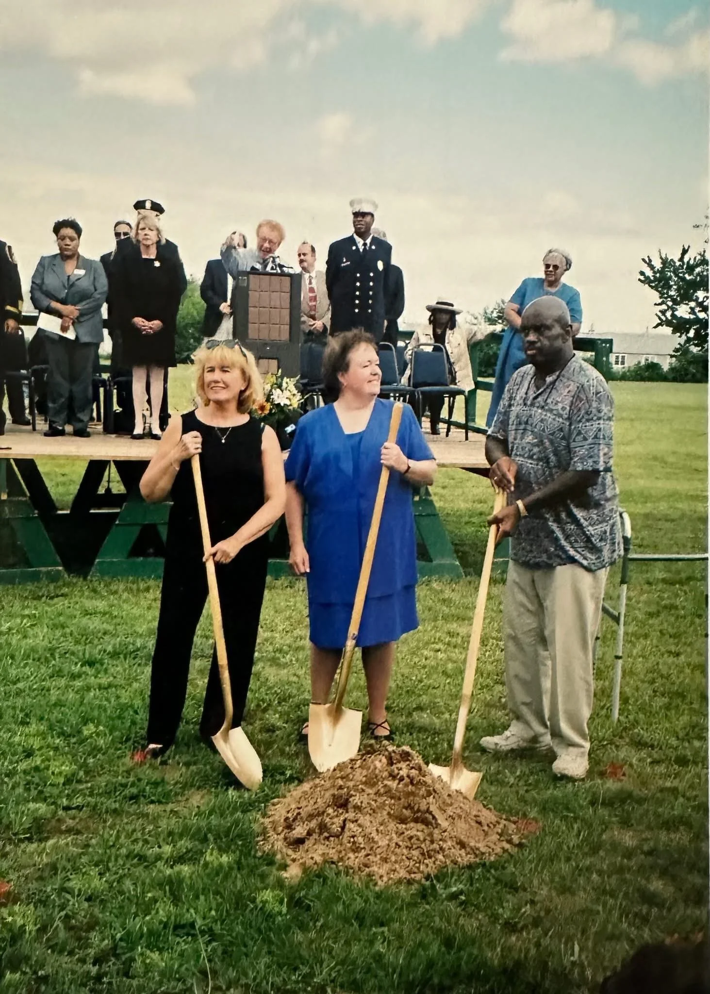 Nancy, far left with shovel, at the Ground Breaking of the Hartford Circus Fire Memorial in 2004. 