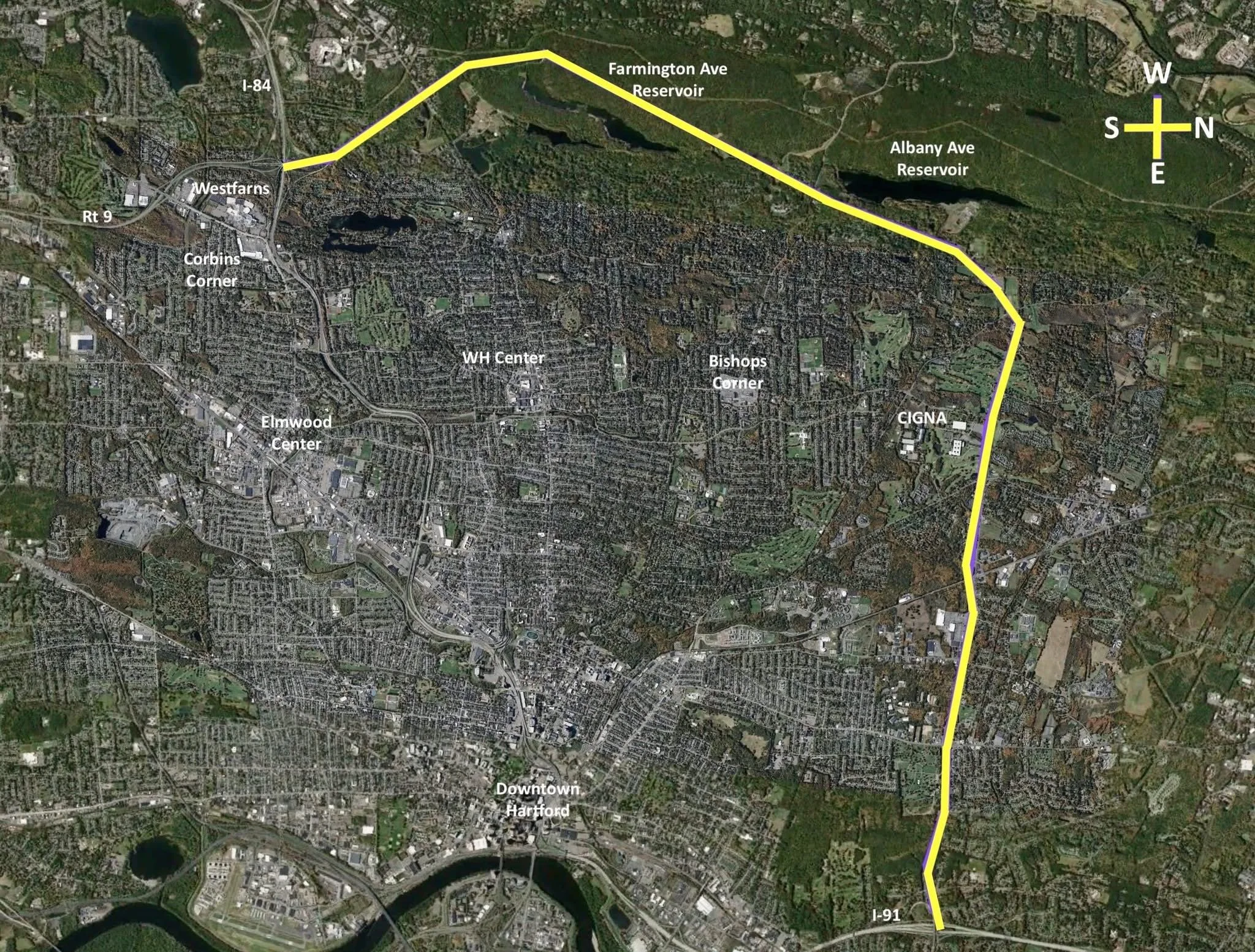  The approximate location - Beginning at the I-84 Stacks, traveling North, crossing Farmington Avenue near the Farmington/WH town line (with exits), traversing the western side of the Farmington Avenue Reservoir, crossing Albany Avenue (with exits) a