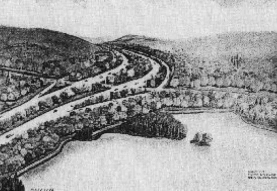 Conceptual drawing from 1960, looking south, showing the unbuilt I-291 at the Albany Avenue (existing US 44) interchange and an aerial photo of the same area today with the approximate location of the proposed highway.