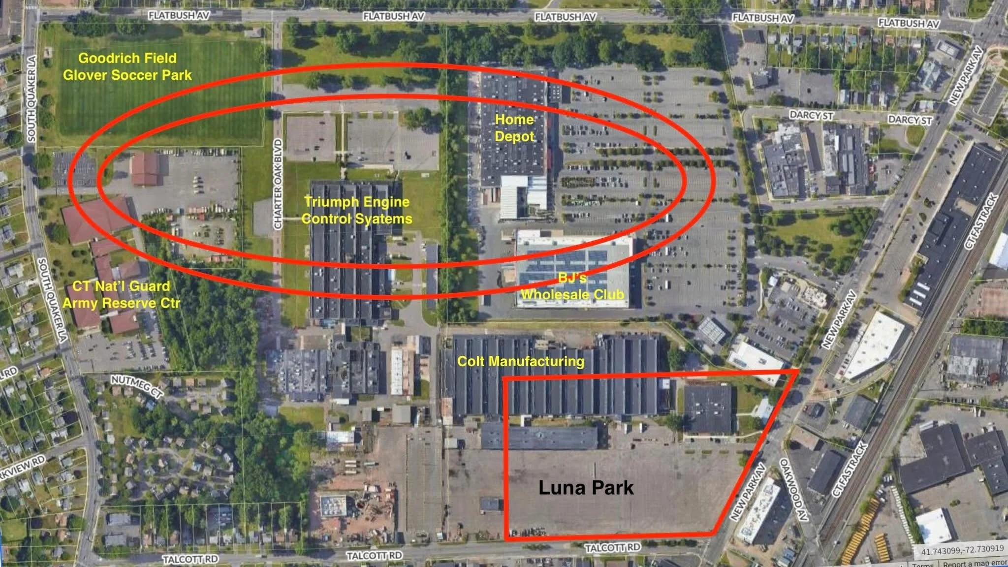 The former Charter Oak Race Track (red oval above) and Luna Park and where they were located with respect to today's uses.