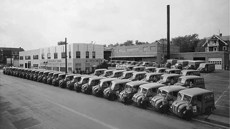 1955 AC Petersen Farms Delivery Fleet and the property today in 2025