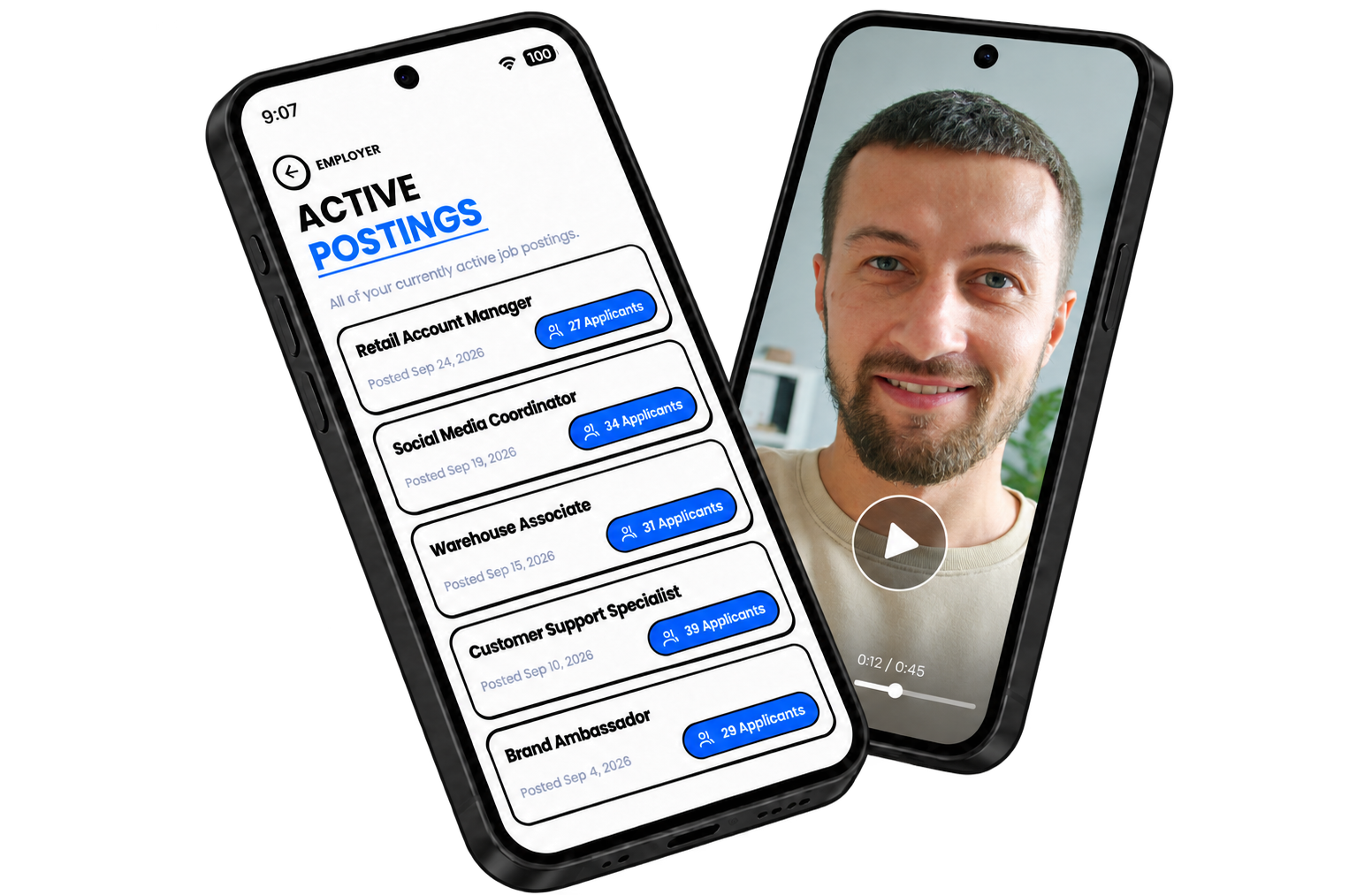 Two smartphones, one displaying a video of a man with a beard smiling, and the other showing a job posting app with different job roles and applicant numbers.